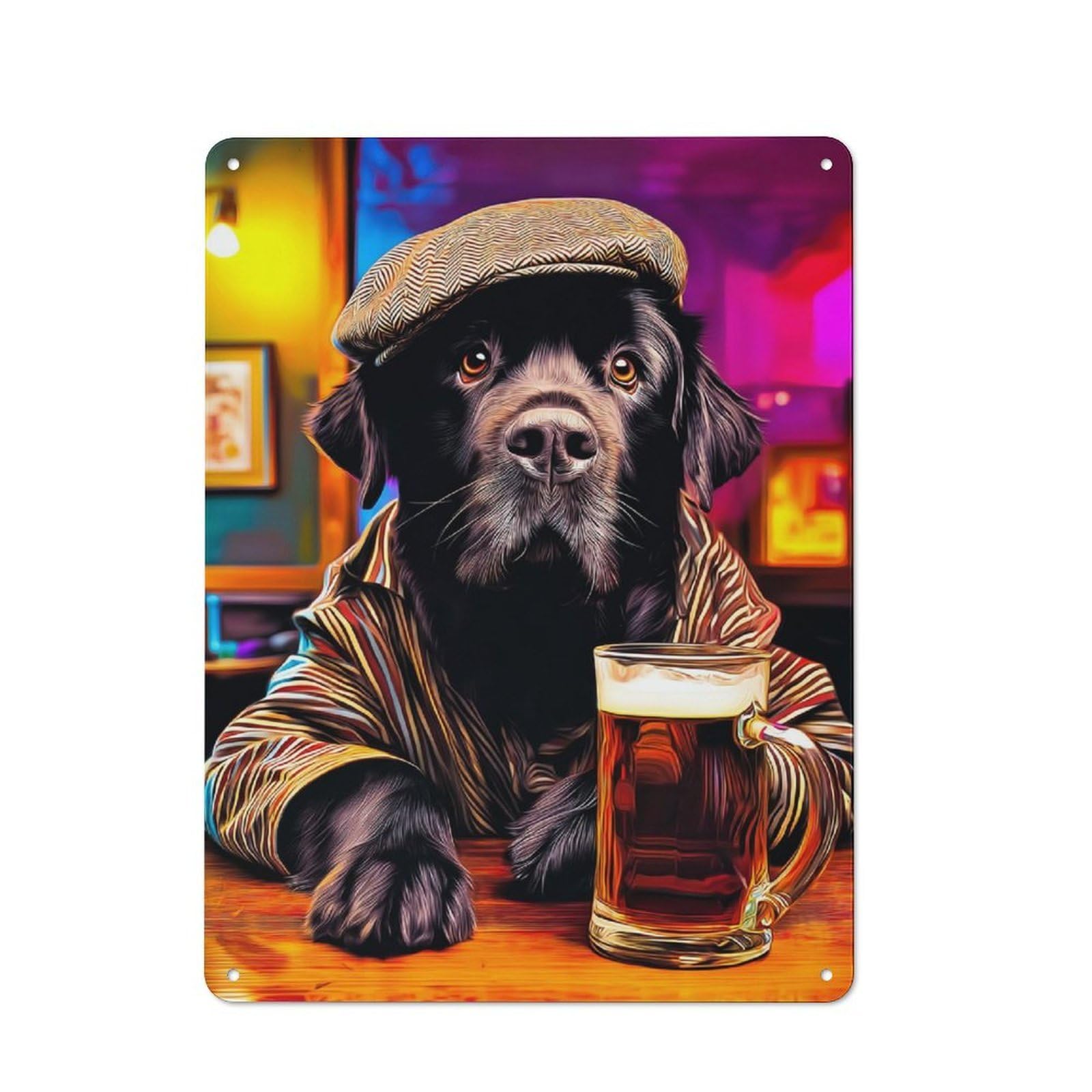 Junmoney Dog In Hat With Beer Mug -2 Tin Sign 40X30cm With For Workshop Wall, Rustic Decor, Suited To Workshop Decor Fans