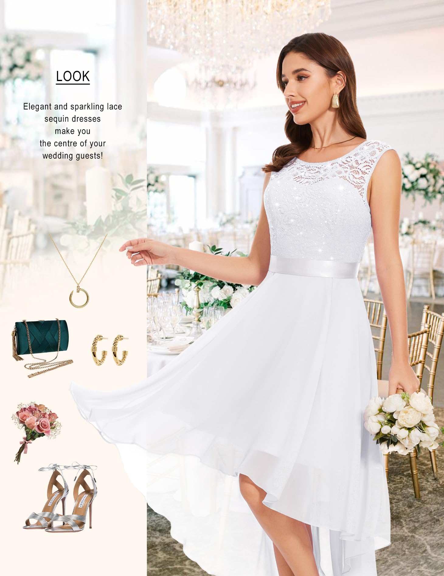 Berylove Vestido de Encaje para Mujer Elegante Vokuhila Vestido de cóctel Sin Mangas Vestido de Noche Vestido de Gasa para Dama de Honor