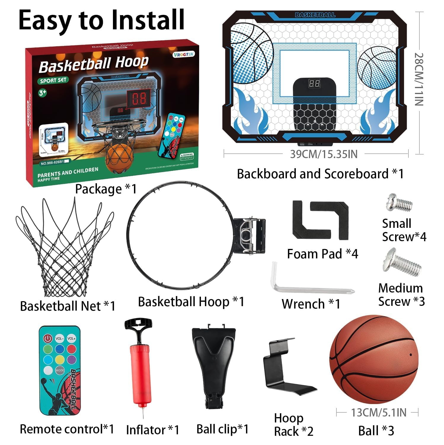 VROGTIK Indoor-Basketballkorb für Kinder mit 7 farbigen LED-Lichtern, Fernbedienung, Halterung über der Tür, Anzeigetafel - Geschenke für 4-12 jährige Jungen und Mädchen