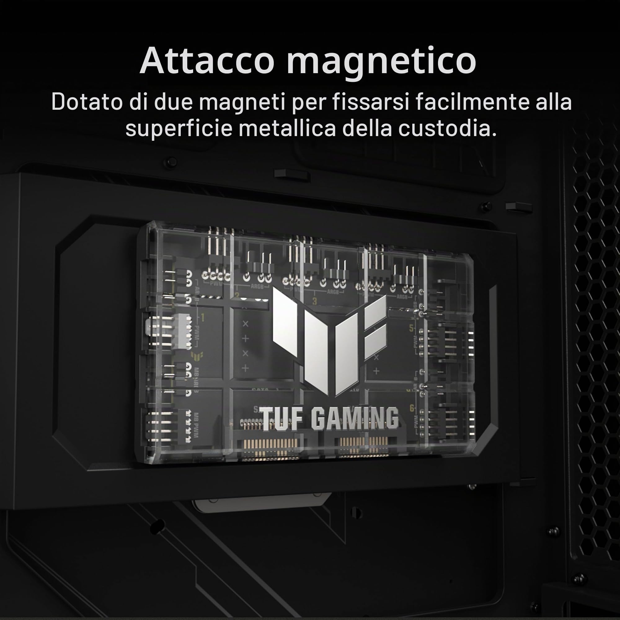 ASUS TUF Gaming ARGB PWM Fan Hub, 6 Ventole Collegabili per il Controllo PWM e ARGB, Doppi Connettori di Alimentazione SATA, Sincronizza gli Effetti per il Raffreddamento e l'Illuminazione, Nero