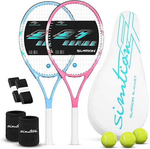 Juego de raquetas de tenis de 27 pulgadas, raquetas de tenis preencordadas para 2 jugadores para adultos, 2 cintas de sobreagarre, 3 pelotas, 2