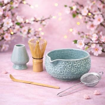 Marce Matcha Whisk Set- Matcha Set includes Matcha Whisk and Bowl, Sifter, Holder and Scoop- The Perfect Bamboo Whisk for Matcha Tea Blue Flowers