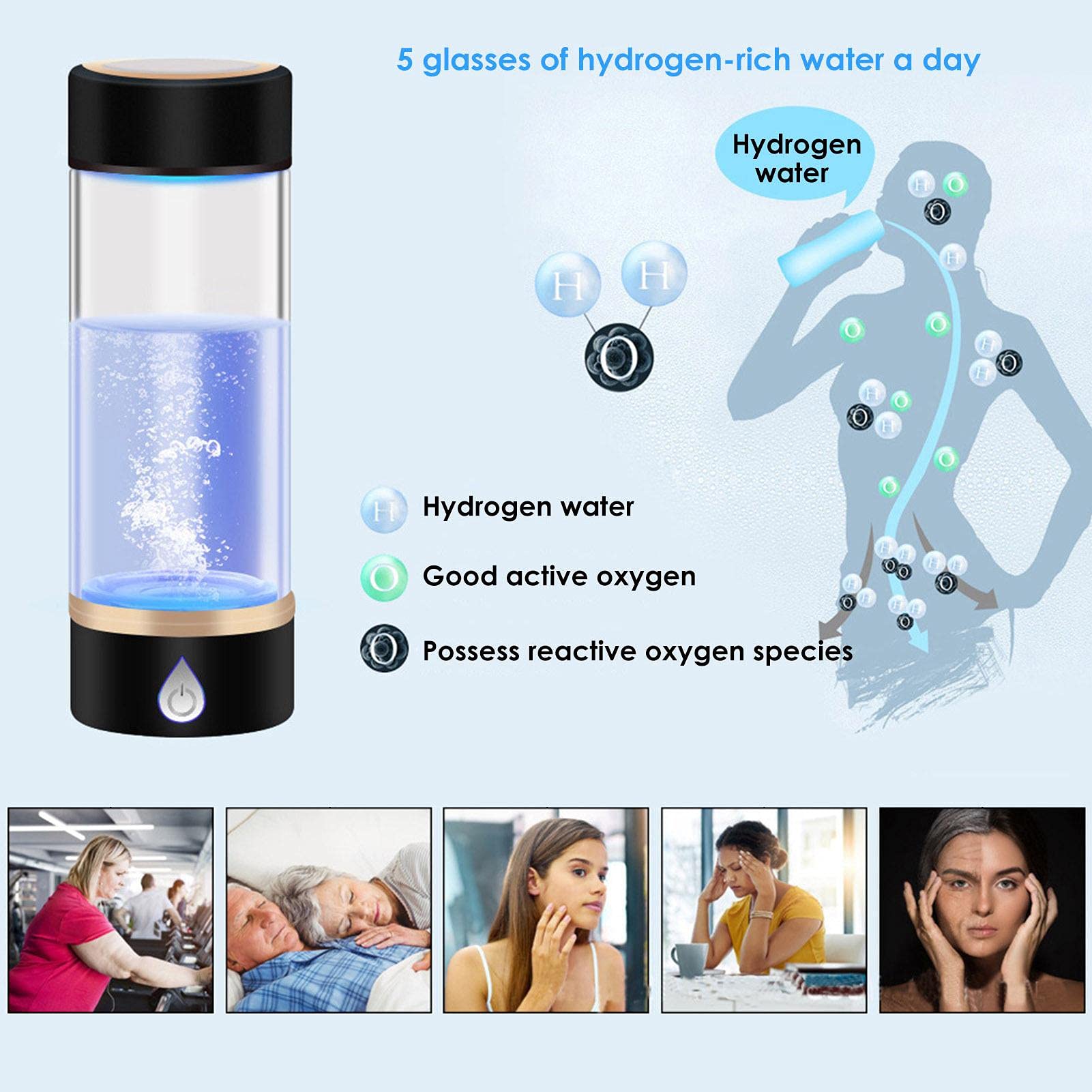 Yiida Botella de agua de hidrógeno, máquina de producción rápida de | hidrógeno de i recargable, botella de agua portátil para mejorar la salud