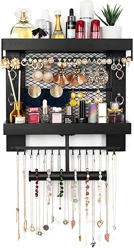 Miniatura 2 de Pinzoveco Organizador de joyas colgante montado en la pared con soporte organizador de joyas de pared para collares, pulsera, aretes, anillo (negro)