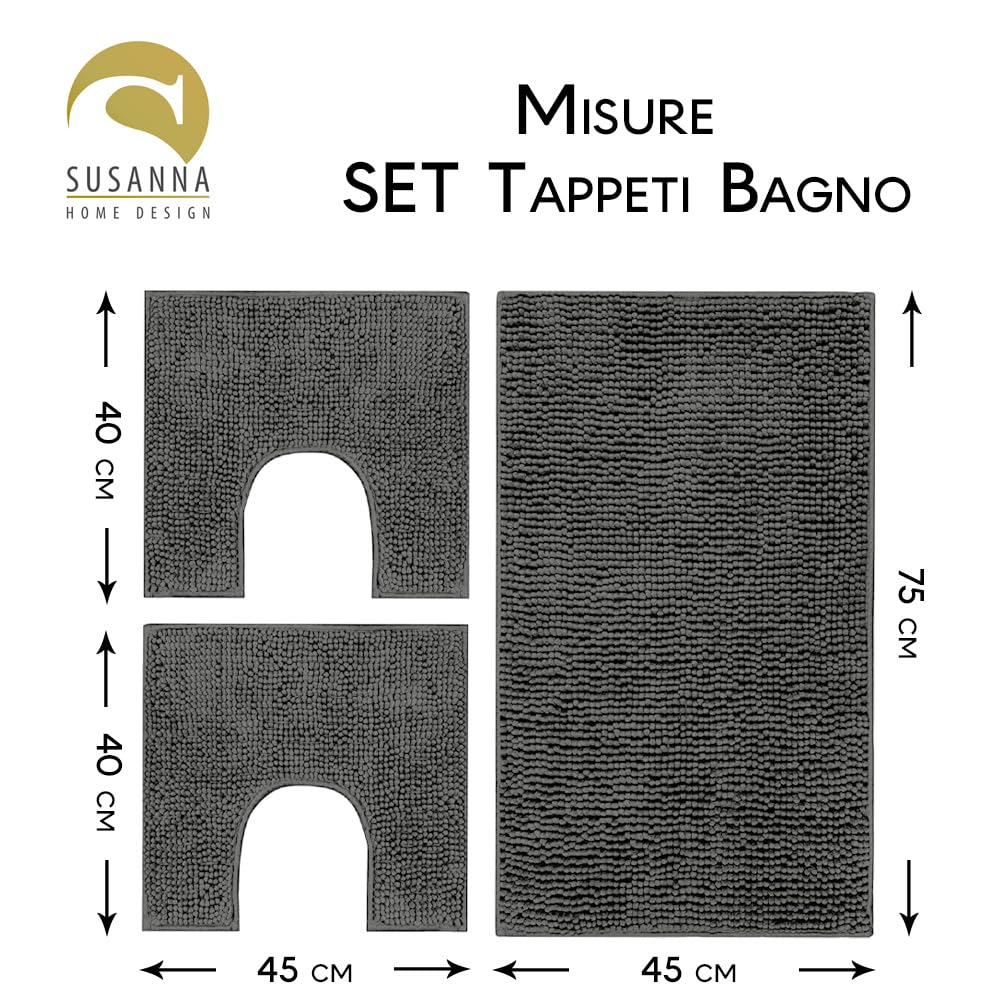 Susanna Home – Set 3 Tappeti da Bagno in Microfibra Shaggy Antiscivolo, Tappeto Rettangolare, Giro Water e Giro Bidet, Super Assorbente, Morbido e Lavabile - Disponibile in Diversi Colori (STONE)