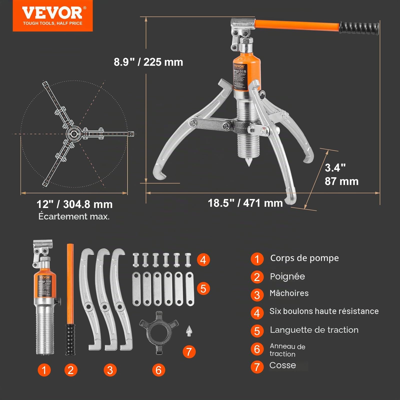 VEVOR Extracteur de Roulement à 2/3 Mâchoires Arrache Roulement Traction 15 T en Acier Arrache Moyeu de Roue Ouverture 304,8 mm Course 55 mm pour Entretien Démontages des Engrenages Poulies Machines