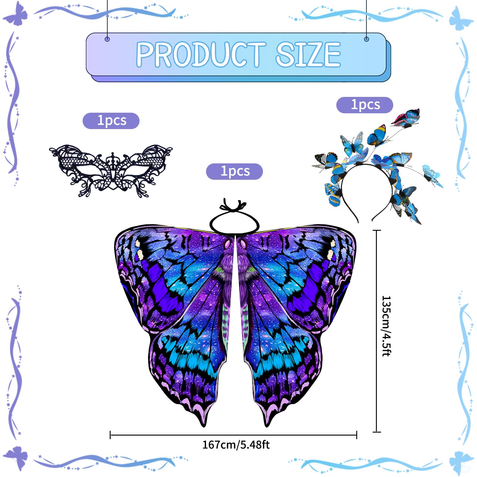 MiiDD Vlindervleugels Volwassen Vlinder Kostuums Fairy Wing Cape Womens Vlinder Sjaal Kleurrijke Vlinder Cape Nimf Pixie Kostuum Accessoire voor Kerstmis Halloween Cosplay (paars