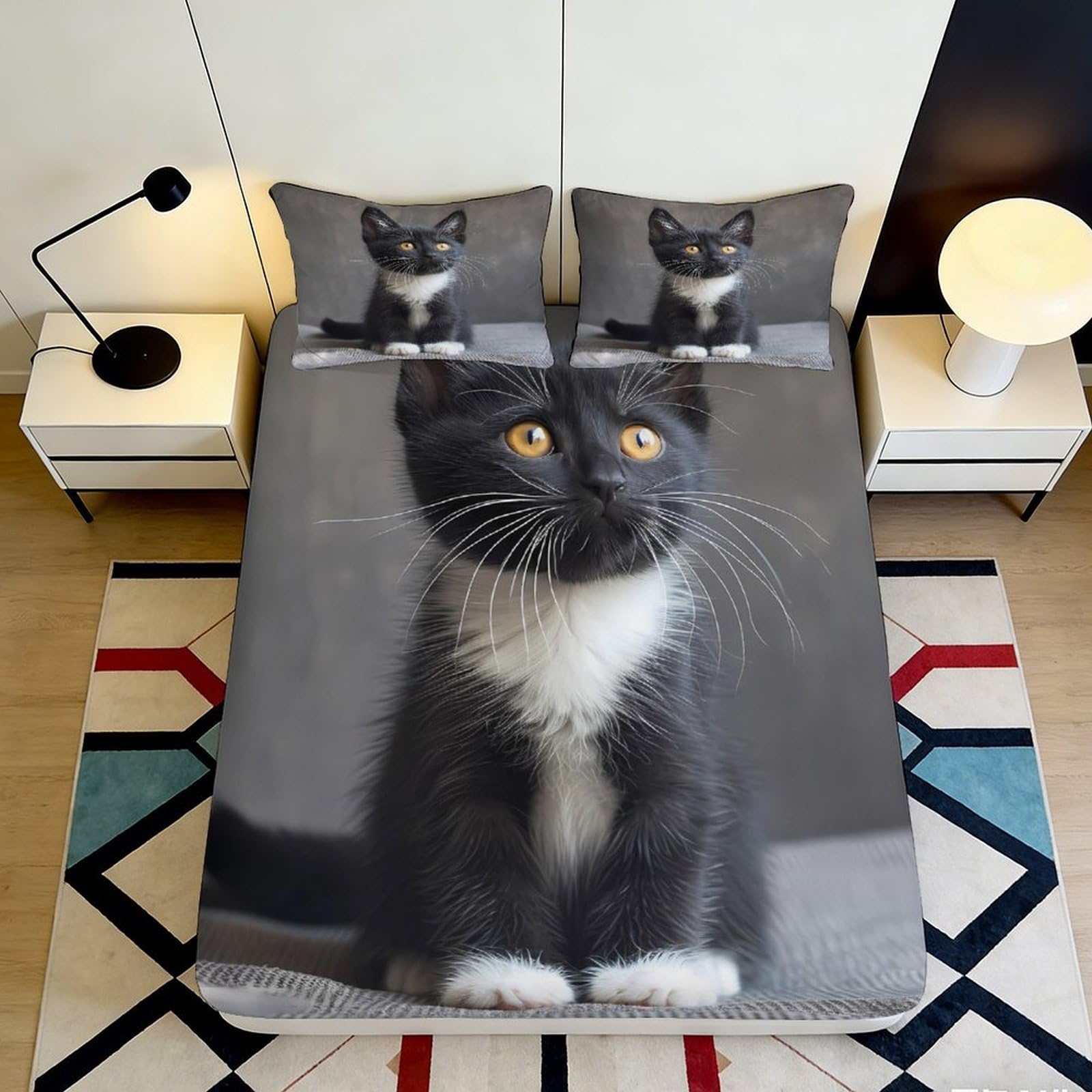 3D Printed Black Cat Fitted Sheet Microfiber Soft Bedroom Decor White Paw Mattress Cover for Home Dorm 90x200x25cm