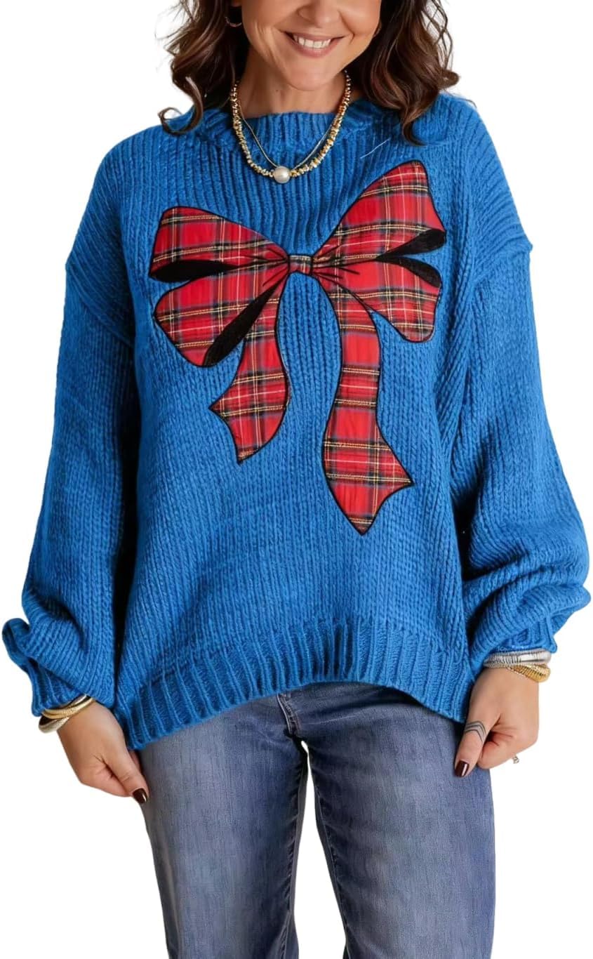 Apvirdy Plaid Bow Christmas Sweater Women Chunky Knit Holiday Sweaters Crewneck Graphic Christmas Sweater Pullover Tops Blue