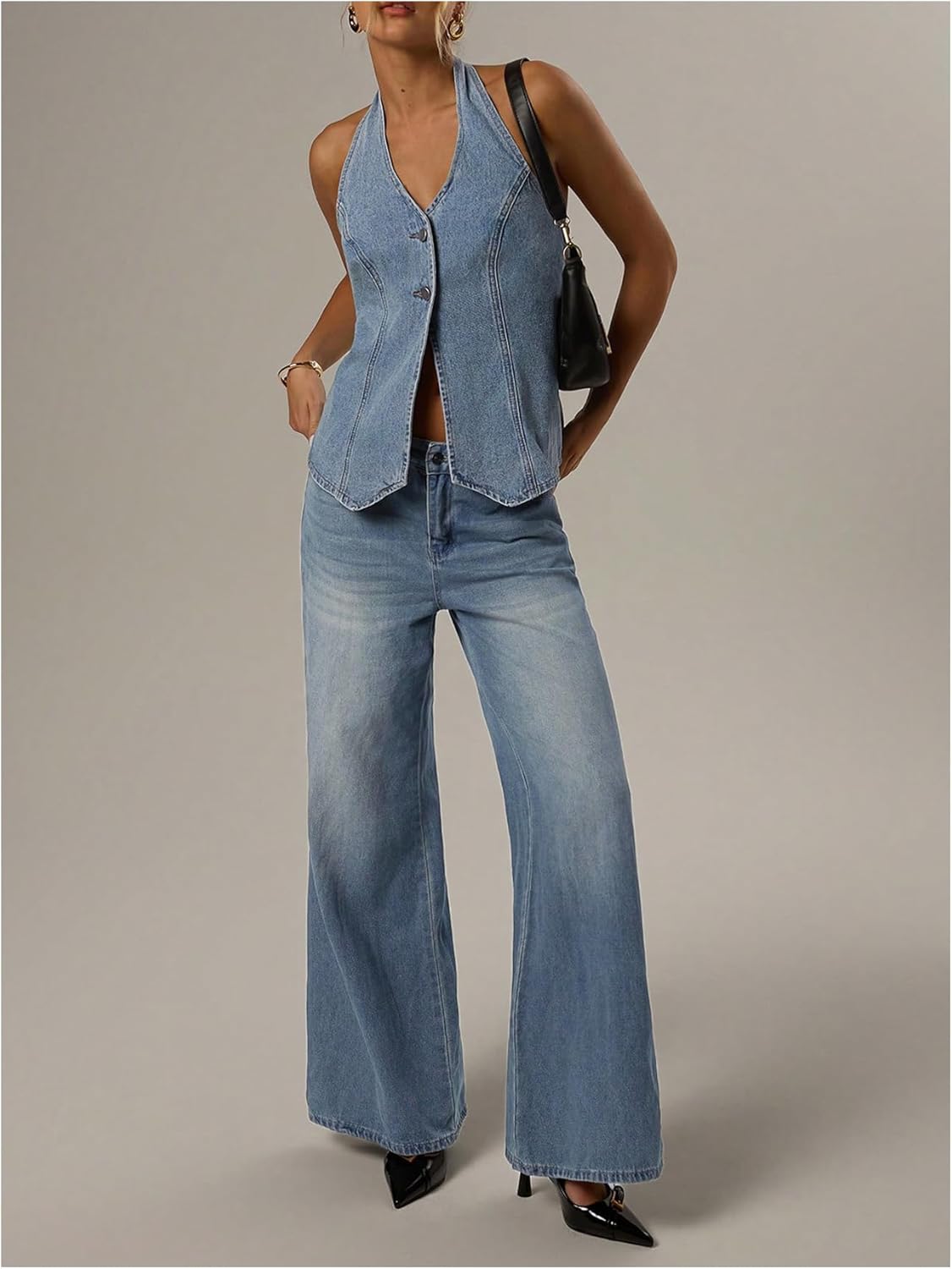 SweatyRocks Women's Denim Top Halter Neck Backless Jean Vest Tops Button Up Waistcoat - Image 4