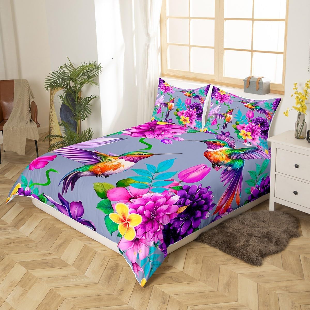 Homemissing King Hummingbird Duvet Cover tropical bird Bedding Set children's hummingbird spring plant flower gorgeous gray Comforter Cover Set farm garden bedroom decoration - Image 3