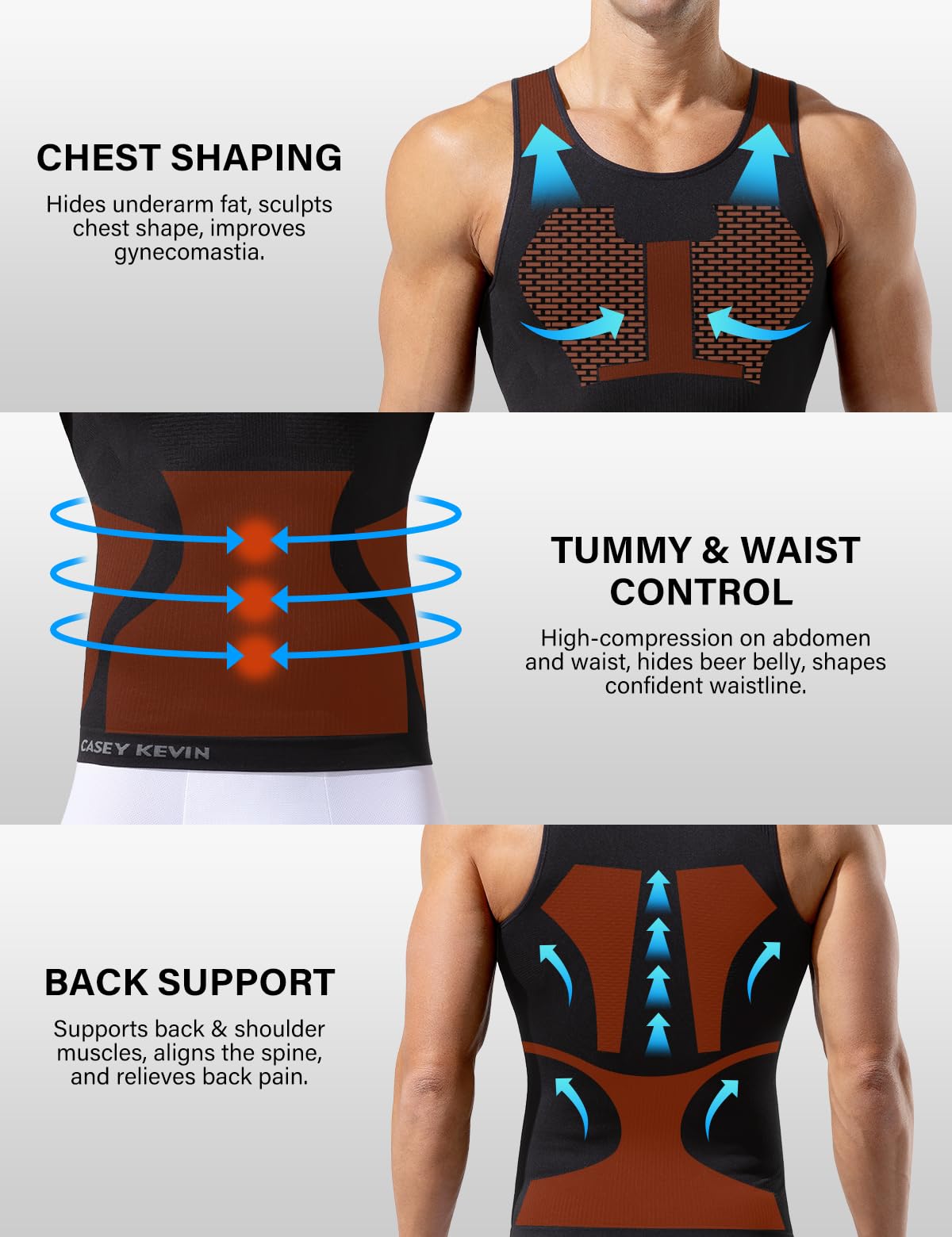 Casey Kevin Débardeur de Compression Homme Niveau 5 (20-25 mmHg) | Gain Ventre Plat Homme - T-shirt Compression Homme, Gainant pour Morphologie, Sport et Quotidien