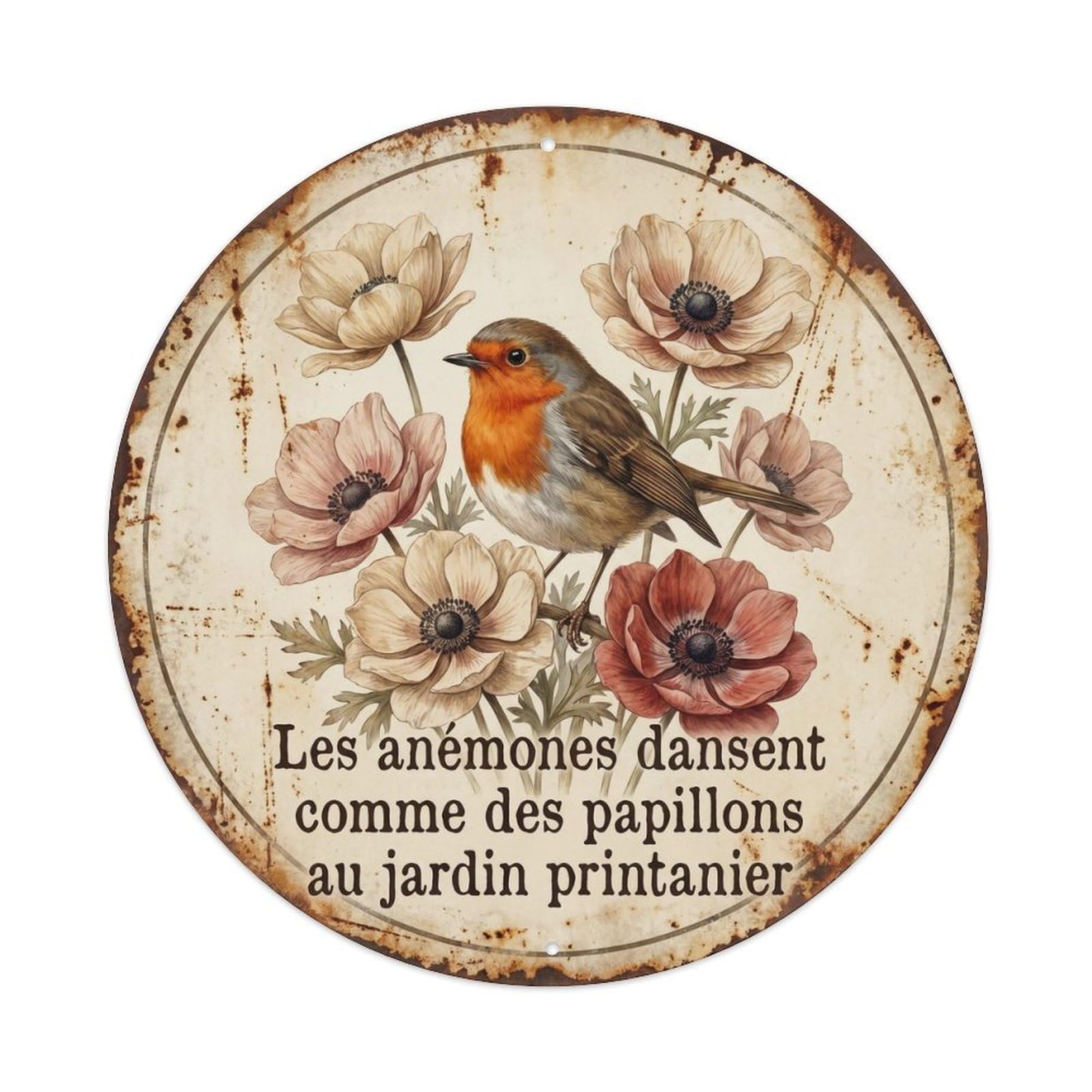 Robin Bird Garden Quote Anemone CircleMetal Tin Sign