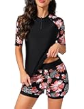 Women 2 Piece UPF 50+ Rash Guard Short Sleeve Half Zip Swim Shirt Built in Bra Swimsuit with Boyshort Bottom