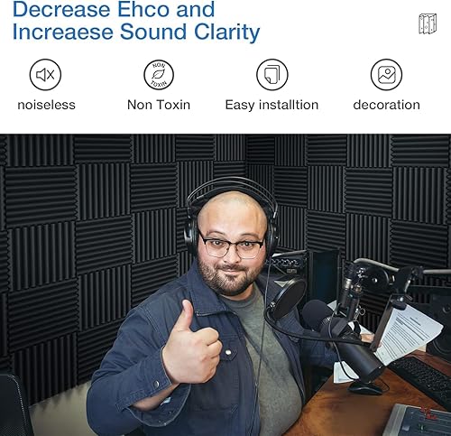 Miniatura 4 de Paquete de 48 paneles acústicos autoadhesivos, paneles de pared de 1 x 12 x 12 pulgadas, paneles de sonido de alta densidad y recuperación rápida,