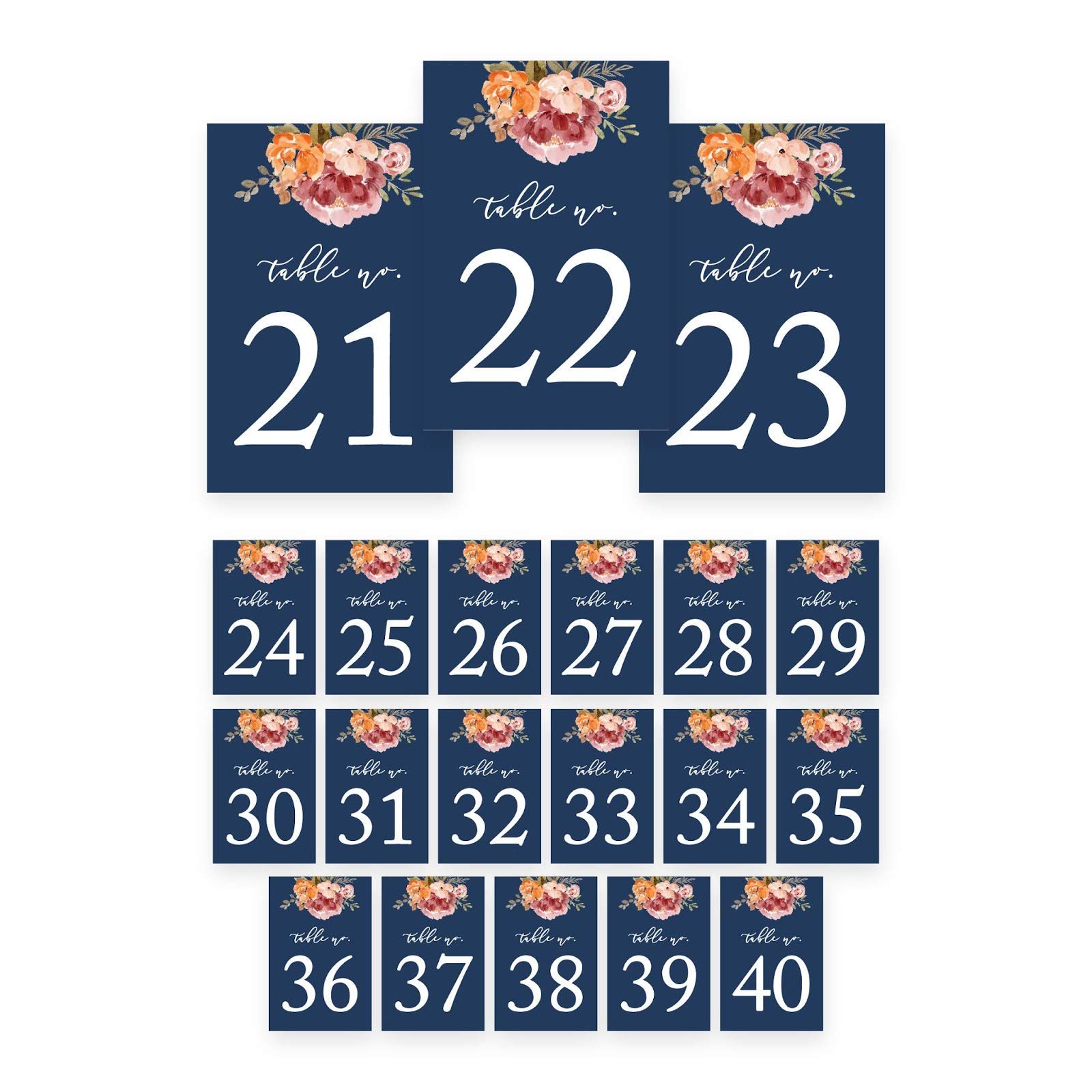 Andaz Press Navy Blue with Orange Pink Fall Watercolor Flowers Wedding Party Collection, Table Numbers 21-40 on Perforated Paper, Single-Sided, 4X 6-inch, Floral Bouquet Graphic Design, 1 Set
