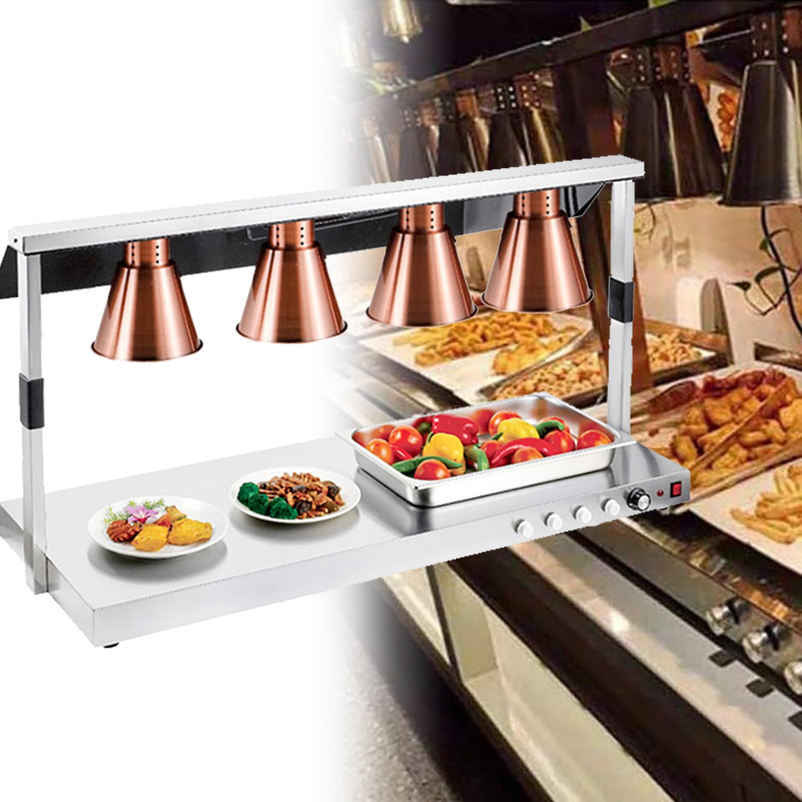 JKJZSALJ Commercial Food Warmer Lamp, Stainless Steel Buffet Heater For Restaurants And Kitchens, Ideal For Keeping Pizza And Food Warm,Bronze,fourheads
