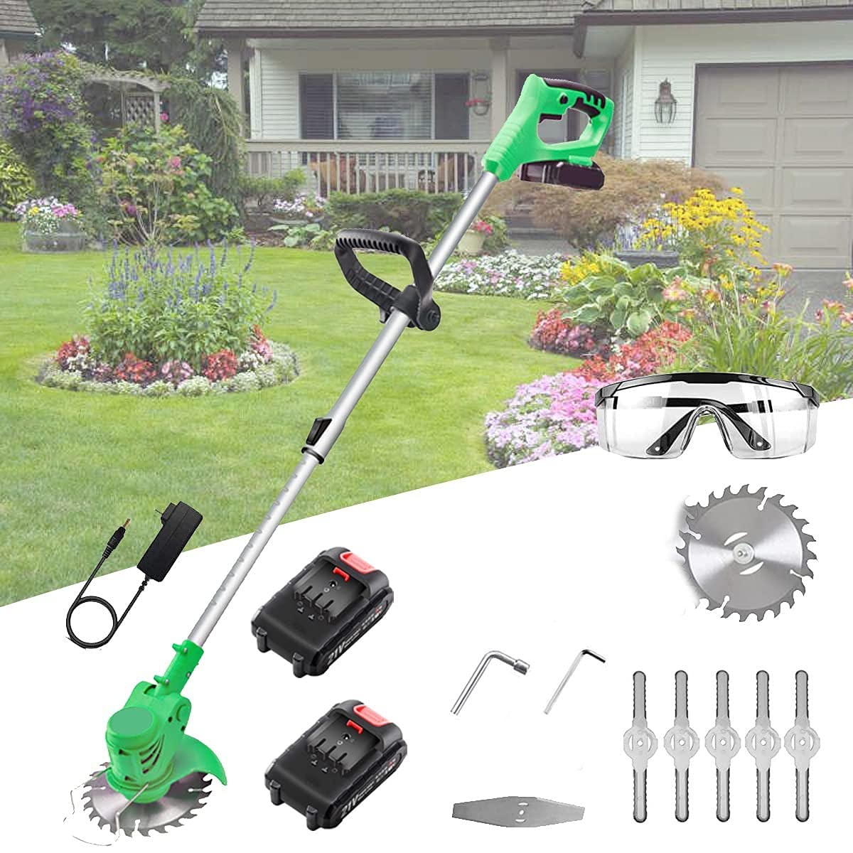 Cortabordes A Bateria 21V Desbrozadora Electrica Portátil Desbrozadora Automática, 90-120cm Mango Telescopico, Con Cuchillas, Batería Y Cargador para Exterior, Patio, Césped Y Jardín