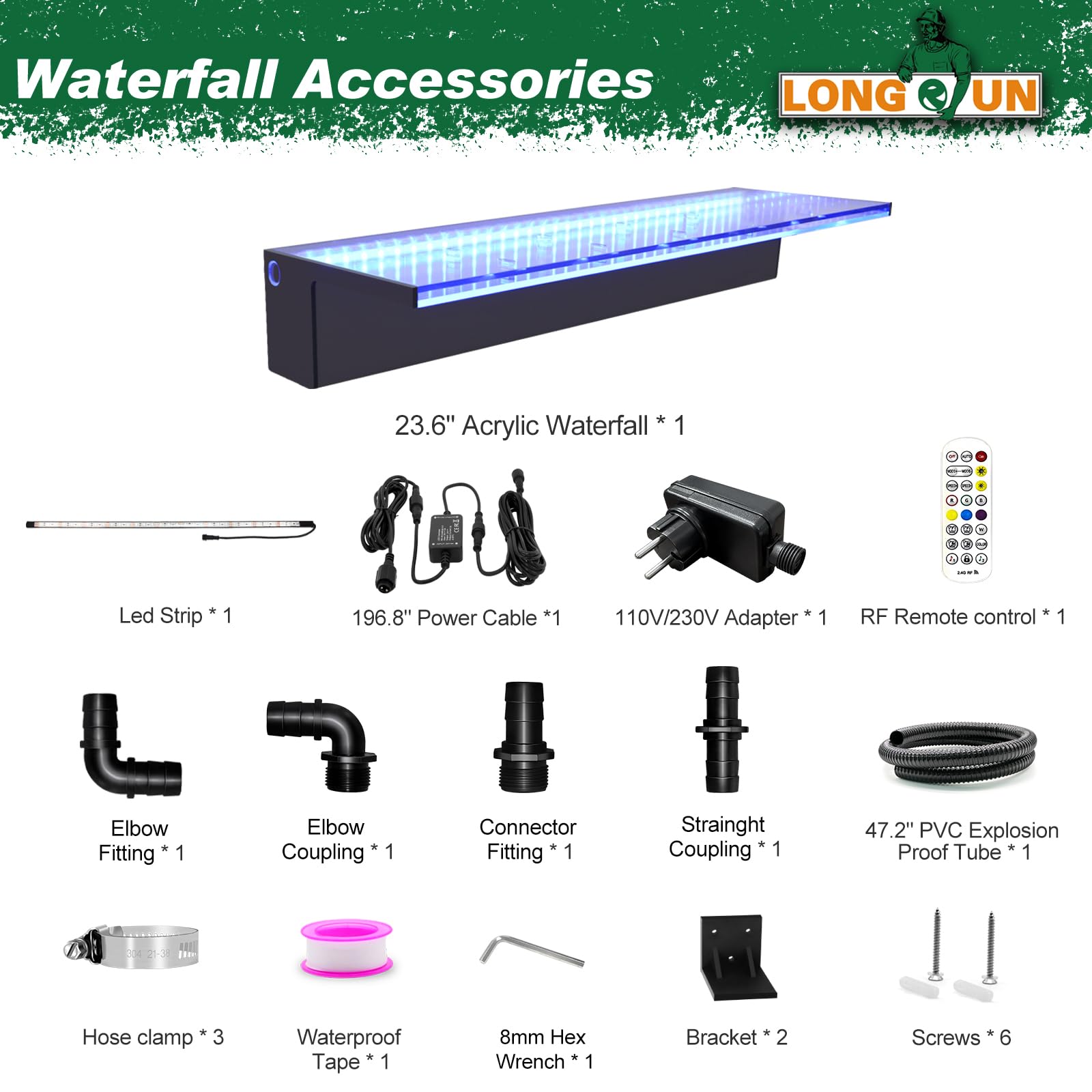 LONGRUN Wasserfall Überlauf APP Kontrolle Mehrfarbig LED-Licht Draussen Pool Brunnen, Acryl Wasser Überlauf Koi Teich Wasserfälle Brunnen Kit für Garten Terrasse Schwimmbad Dekoration -60 cm