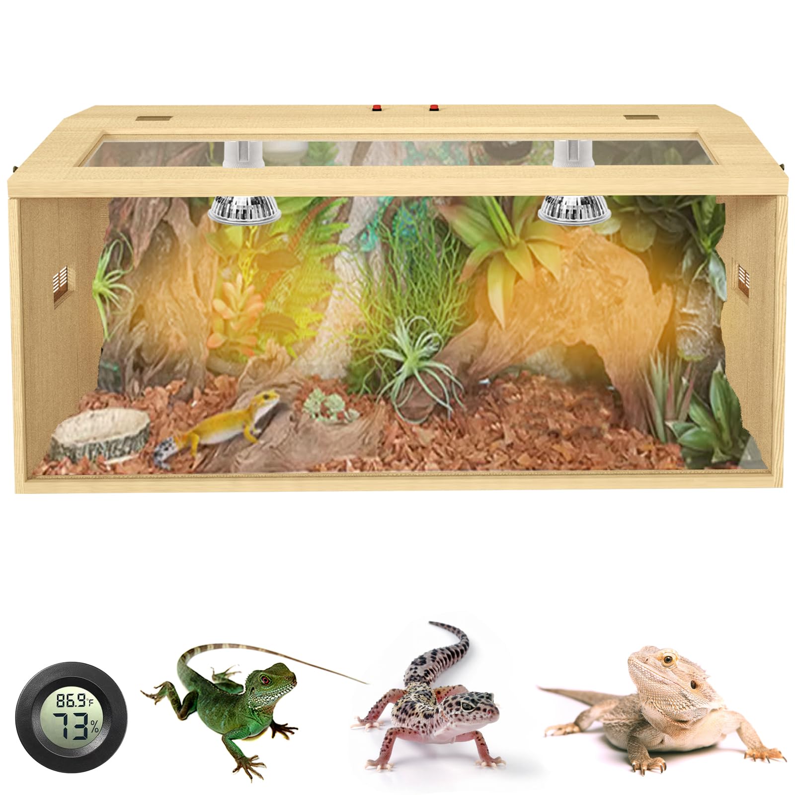 34 Gallon Bearded Dragon Tank, Lockable Reptile Terrarium Tank, Large Snake Enclosure, Lizard, Leopard Gecko Tank with Openable Roof Door, (Wooden, 32" L x 16" W x 16" H)
