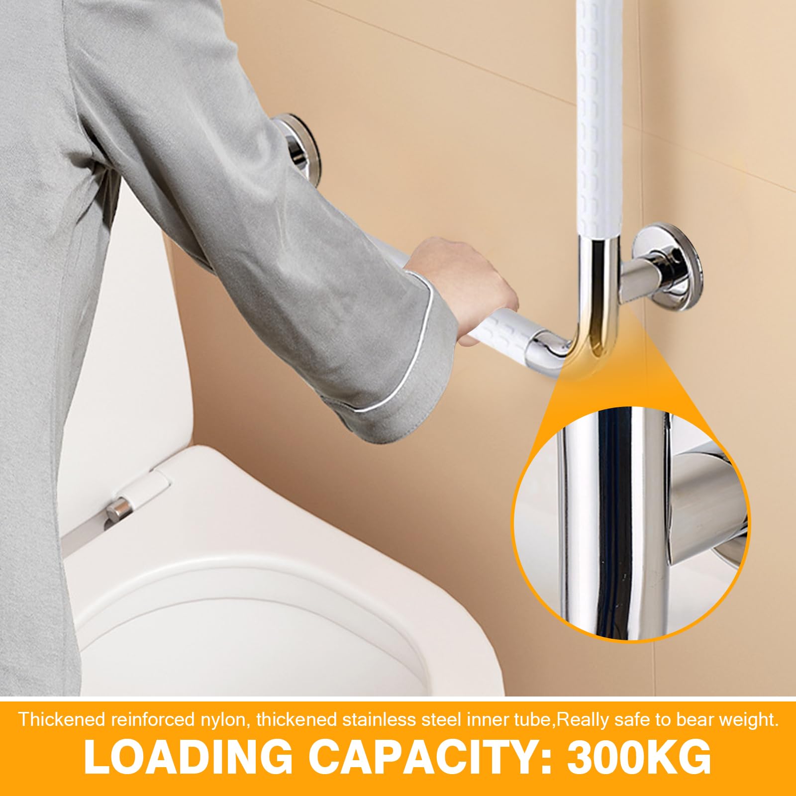 Barre d'appui de douche - En acier inoxydable - 70 x 50 cm - Poignées en forme de L - Angle vertical - Rails de sécurité - Main courante d'angle murale antidérapante - Pour personnes âgées, handicap