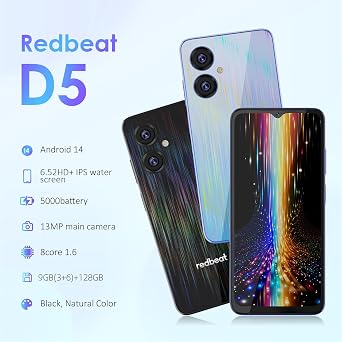 redbeat Android Cell Phone Unlocked, 128GB/ TF 1TB, Cheap Smartphone 6.52 IPS HD, 8-Core 1.6GHz, 13MP+5MP, 5000mAh, Dual 4G SIM, GPS/WiFi/Bluetooth 5.0, Blue