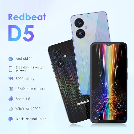 redbeat Android Cell Phone Unlocked, 128GB/ TF 1TB, Cheap Smartphone 6.52 IPS HD, 8-Core 1.6GHz, 13MP+5MP, 5000mAh, Dual 4G SIM, GPS/WiFi/Bluetooth 5.0, Blue