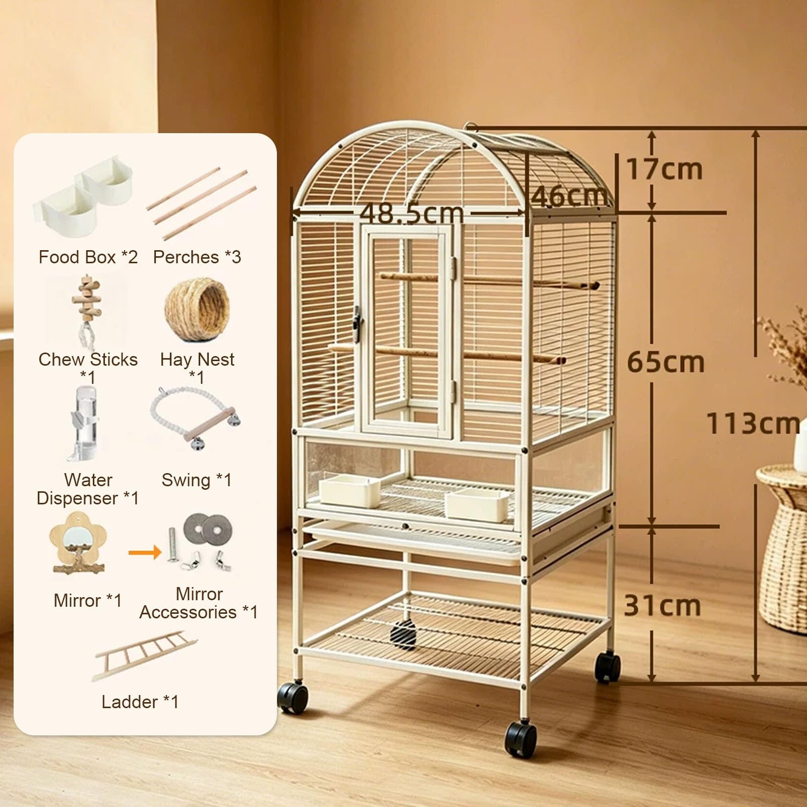 Gabbia per Parrocchetti Con Supporto E Ruote, Grande Gabbia For Pappagalli | Spaziosa gabbia for voli con ripiano aperto, vassoio rimovibile con spaziatura tra le barre di 1 cm