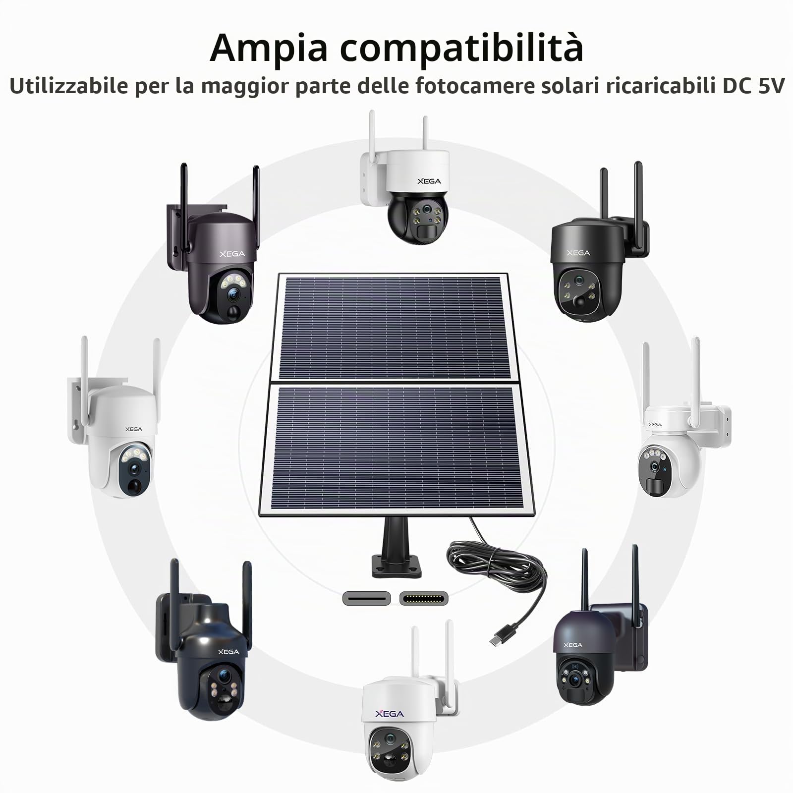 Xega Pannello Solare 20W per Batteria di Telecamere di Sorveglianza da Esterno, Interfaccia Type-C, Connessione con Cavo 3 metri, Nero