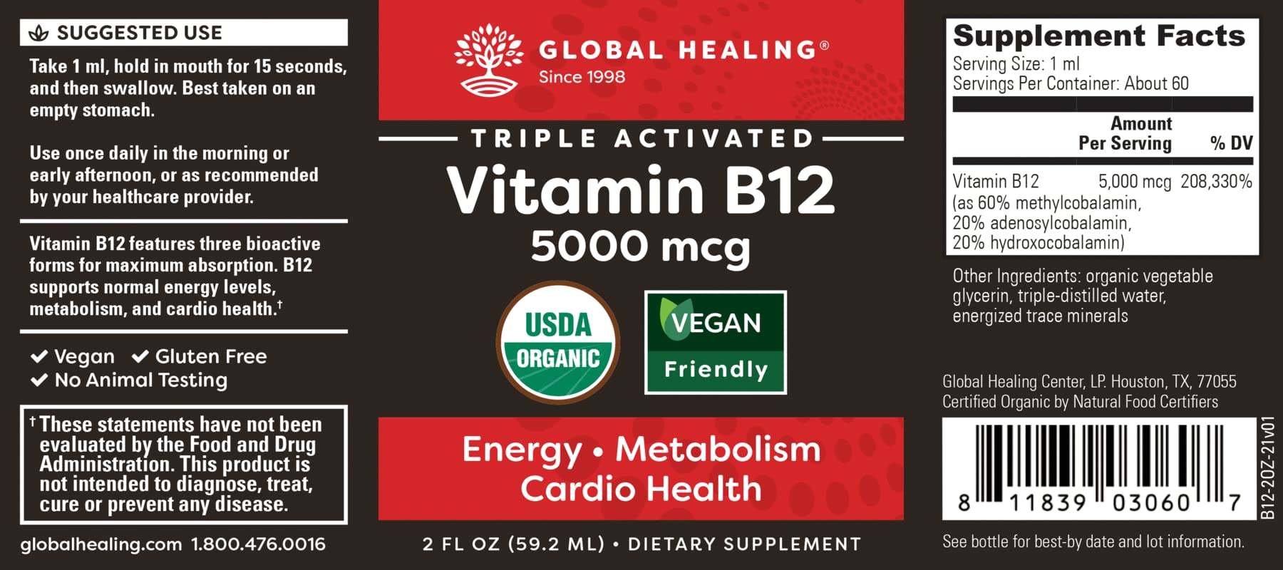 Buy Global Healing Triple Activated B12 5000 mcg Organic Sublingual