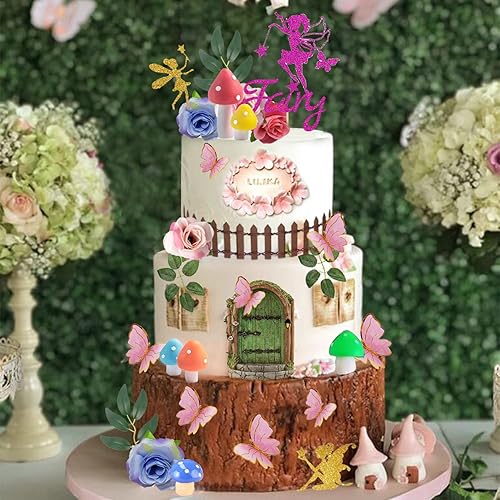 Miniatura 4 de 27 adornos para tartas de hadas, casa de hongos rosados, decoración de pastel de mariposas, suministros de fiesta de jardín de hadas, regalos para