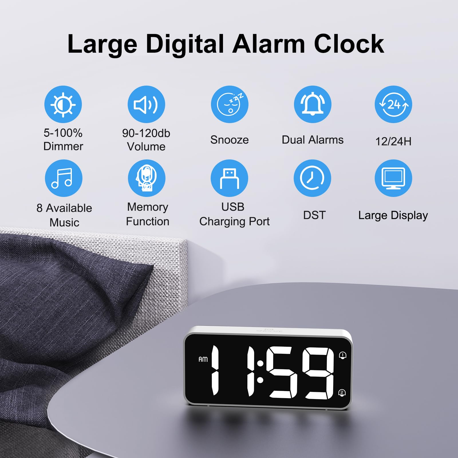 Sveglia da Comodino, Sveglia Digitale con Led Numeri Grandi, 0-100% Dimmer, 90-120 dB Volume, 2 Allarme, 12/24H, Snooze, Porta di Ricarica USB (Adapter Incluse), Bianco