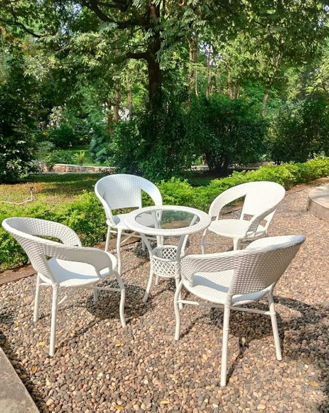 Image of 4 Chair 1 Table with Cushion for Outdoor, Indoor, Patio, Rattan Chair, Living Room, Dining Room, Garden, Chair Set with Table (D-12 Off White & Yellow 4+1)