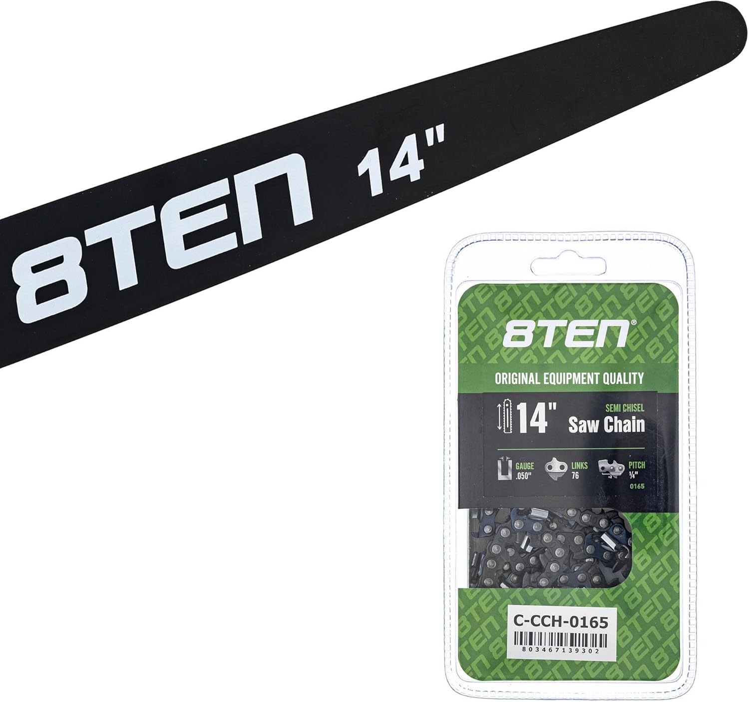 8TEN 14" Chainsaw Guide Bar & 2 Chains .050 Gauge 1/4 Pitch 76DL Semi Chisel for Oregon 535048