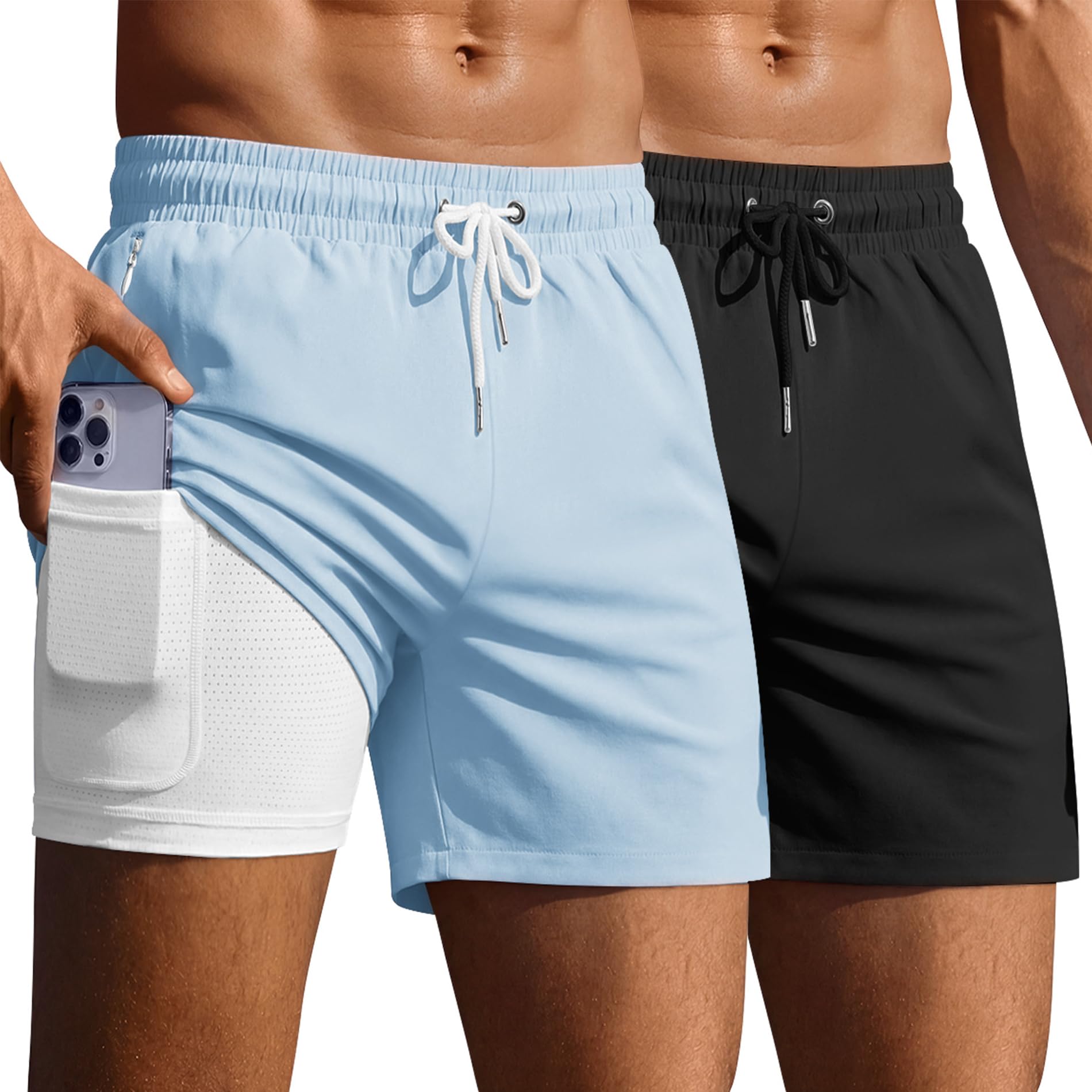 Ekouaer 2 Pack Men's Swim Trunks 5" with Compression Liner 2 in 1 Board Shorts Quick Dry Bathing Suit Swimwear Zipper Pocket — view 14