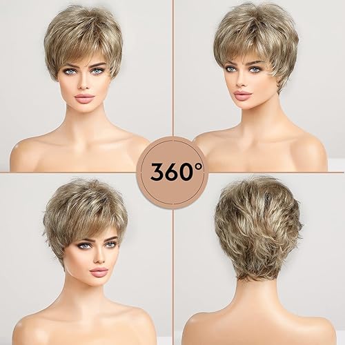 Miniatura 5 de HAIRCUBE Peluca de cabello humano con textura de rubio claro mezclado con blanco roto corto Pixie Cut para mujer con flequillo sintético de repuesto