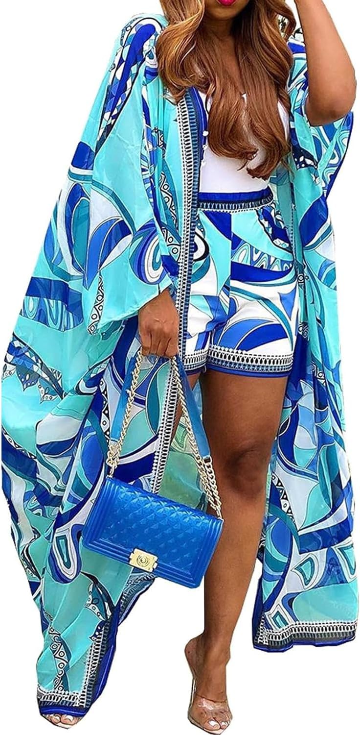 Kimono Shorts Set for Women Two Piece Summer Vacation Outfits Flowy Beach Cover up Duster