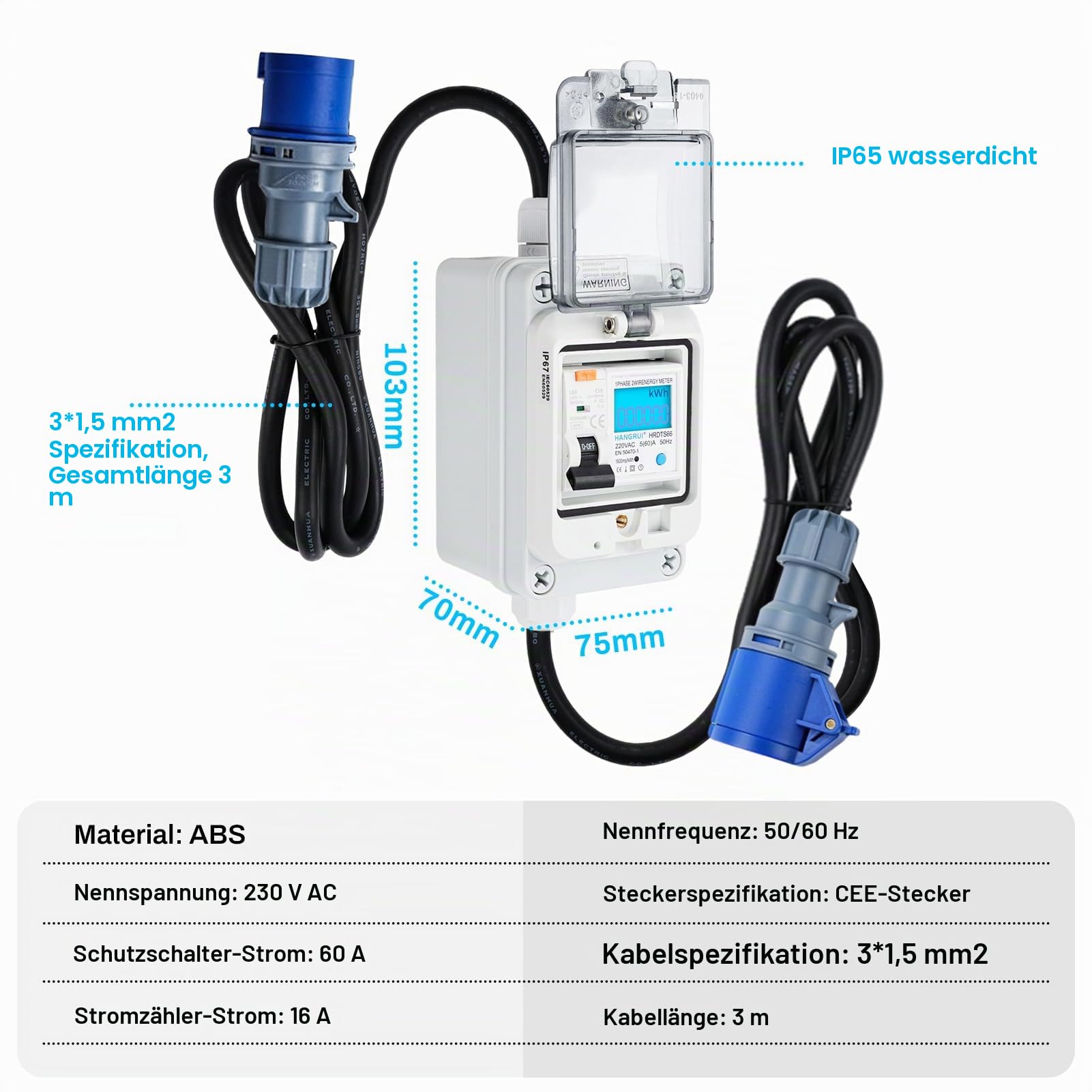 Mobiler Digitaler Stromzähler, Stromzähler für Steckdose Outdoor 16A Typ A Schutzschalter CEE-Stecker IP65 Wasserdich Messgerät 230V 60A für Industrieanlage Garten