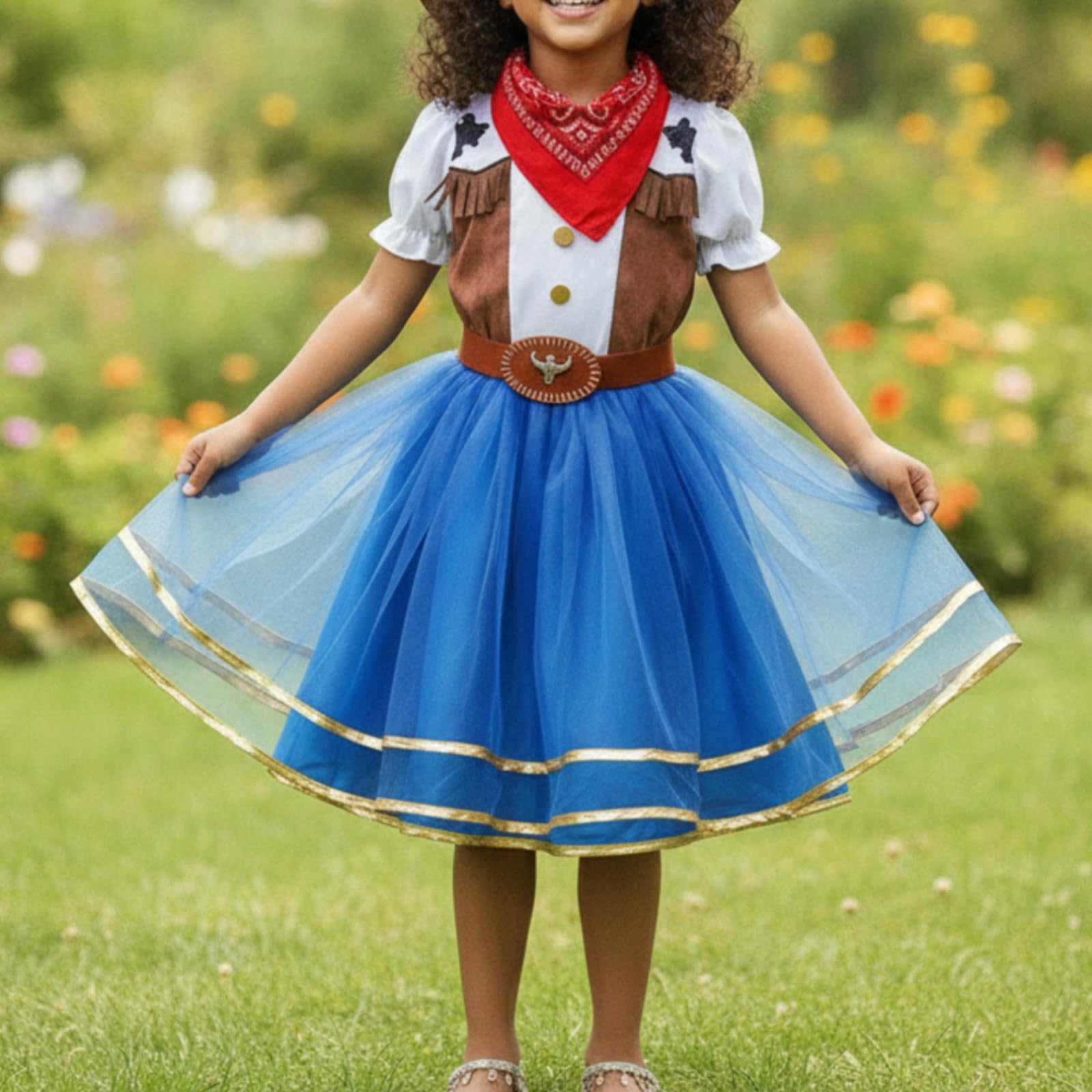 TISHITA Children Costume Dress Abito Costume Bambina Vestito Western Cappello Cintura Fazzoletto Tulle a Strati Corpino Sagomato Svasato Morbido Traspirante