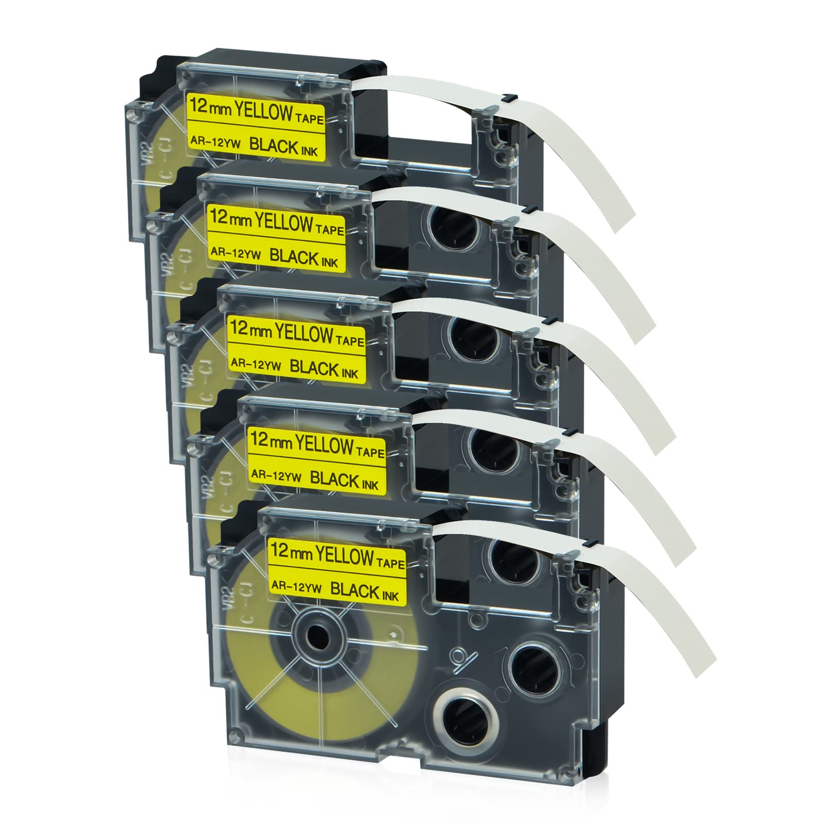 NineLeaf 5 Pack Replacement for Casio EZ XR12YW XR-12YW AR-12YW XR-12YW2S XR12YW2S 12mm 0.47'' 1/2 inch Black on Yellow Label Tape for KL750 KL750B KL750BA KL750KITCH KL780 KL8100 Label Maker