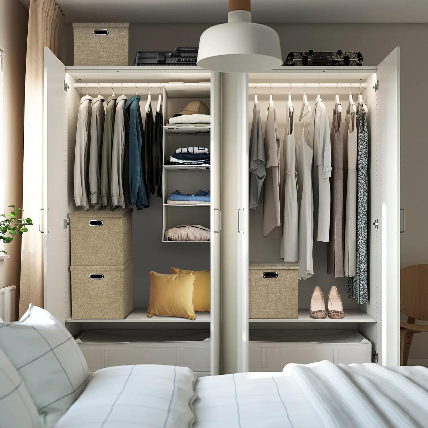 Linen Storage Bins with Lids,13 x 13 Inch Foldable Fabric Cube Baskets Boxes Organizer for Closet, Shelves, and Home. (Khaki, (13x13) 3 pack)