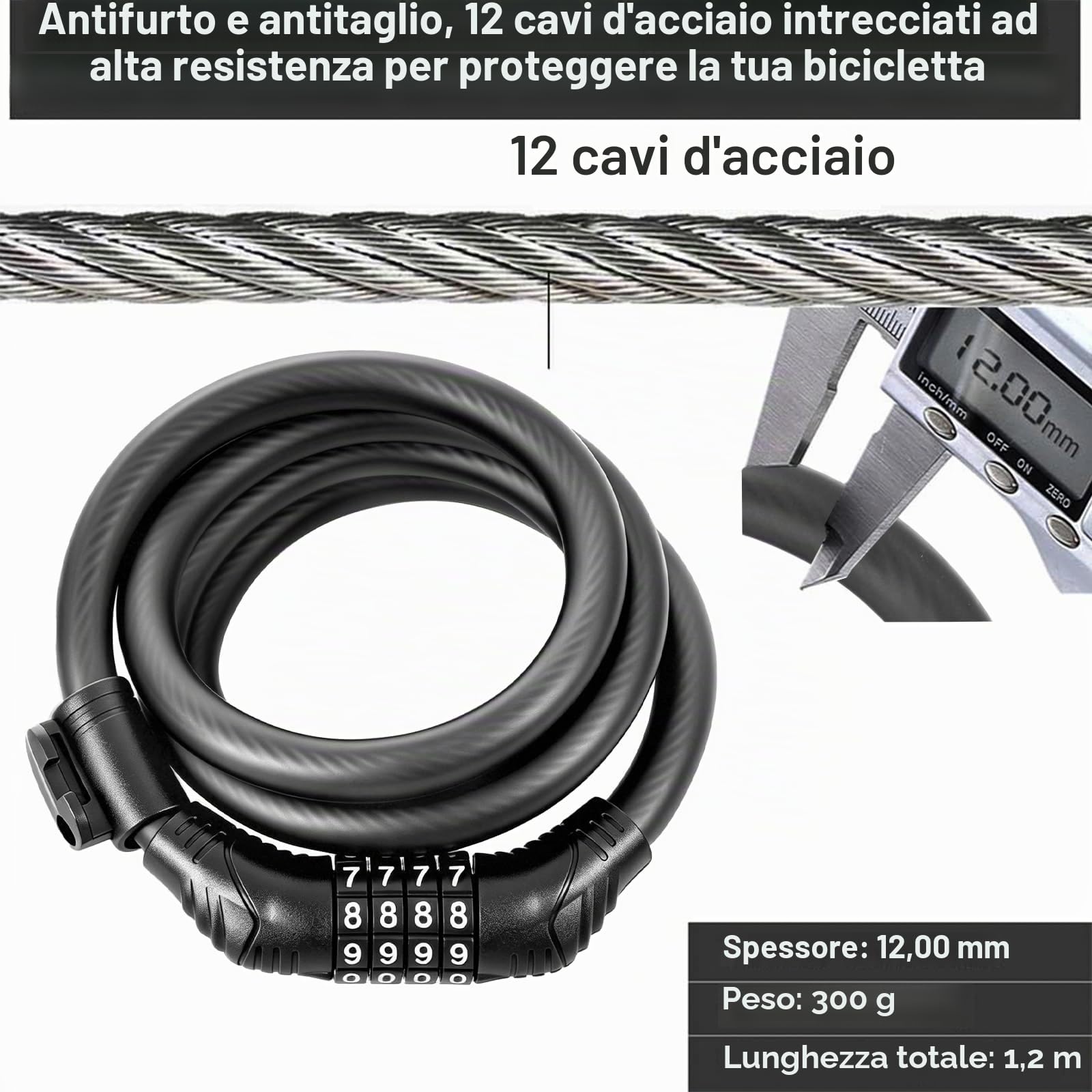 Antifurto per Scooter Elettrico e Bicicletta - 120 x 12 mm, Con Cavo in Acciaio da 12 Tacchi e Codice Intelligente a 4 Cifre - per Moto