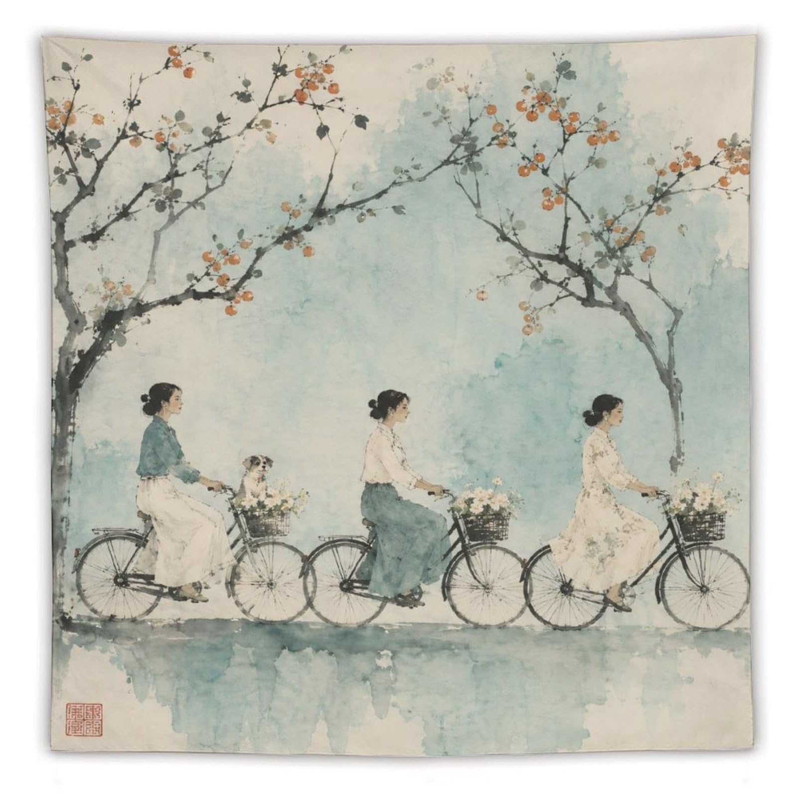 H3B8U2Y5 Cyclists under Blossoms Wall Tapestry, Asian Ink Style, Asian Art