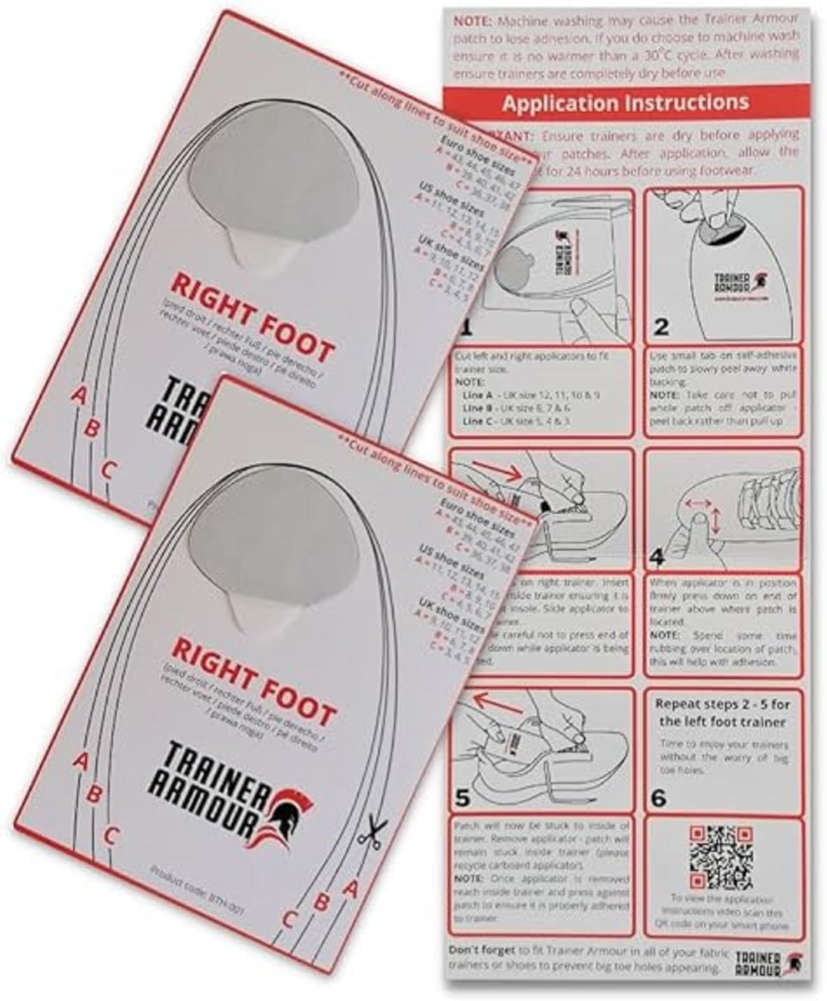 Big Toe Hole Preventer for fabric footwear. Self-adhesive patches with a clever applicator. Strong and unnoticeable when fitted. Also used for footwear repair (White, STANDARD LEFT & RIGHT FOOT)