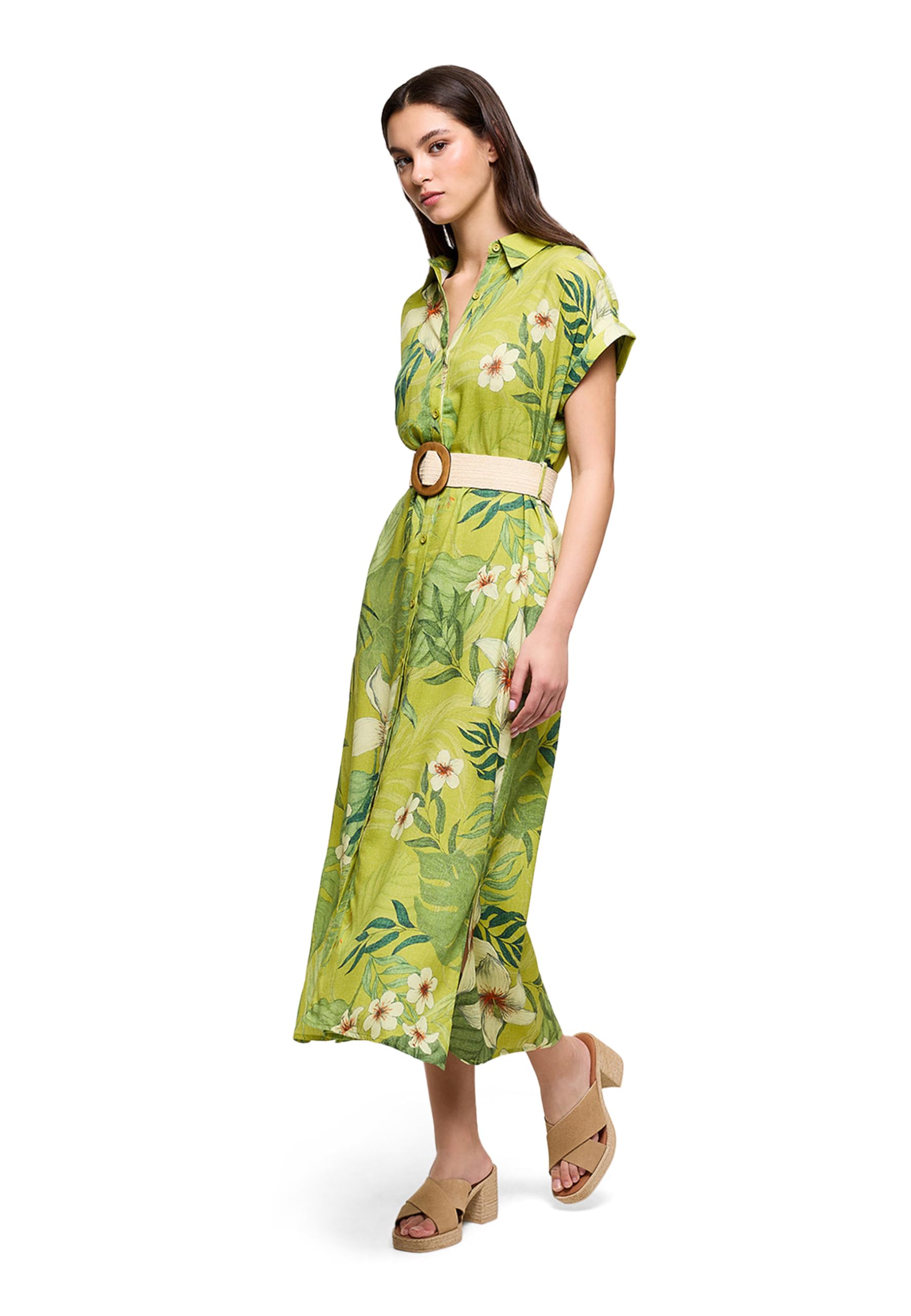 KOALA BAY | Bilimos | Vestido Mujer Verde Estampado Tropical | Vestido Camisero Largo Cinturón | Manga Corta Verano Elegante | Look Casual Vacaciones