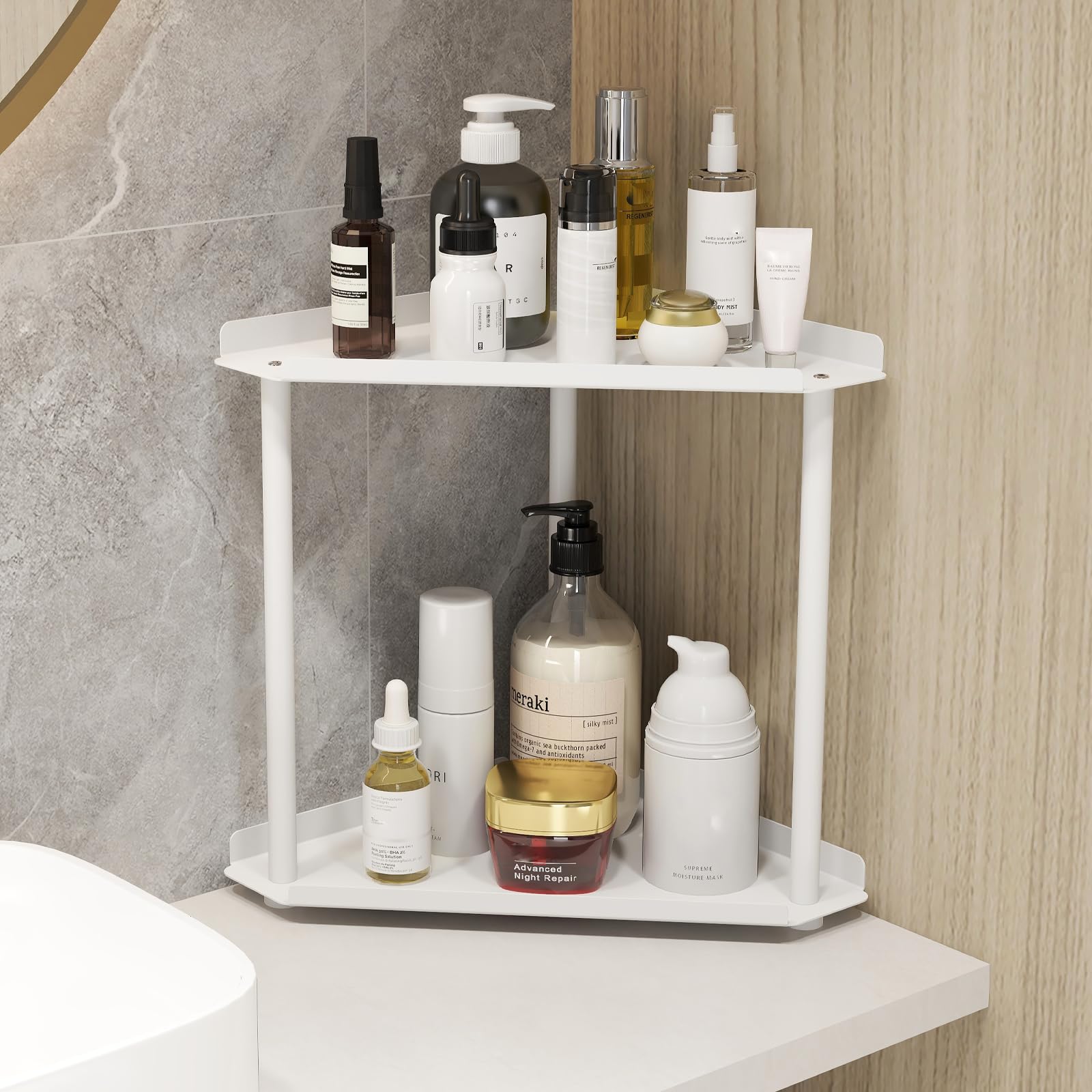 Jesginboo Organizador de encimera de baño de 2 niveles, estante esquinero organizador de tocador, cuidado de la piel, organizadores de encimera de maquillaje, cocina, almacenamiento de encimera de