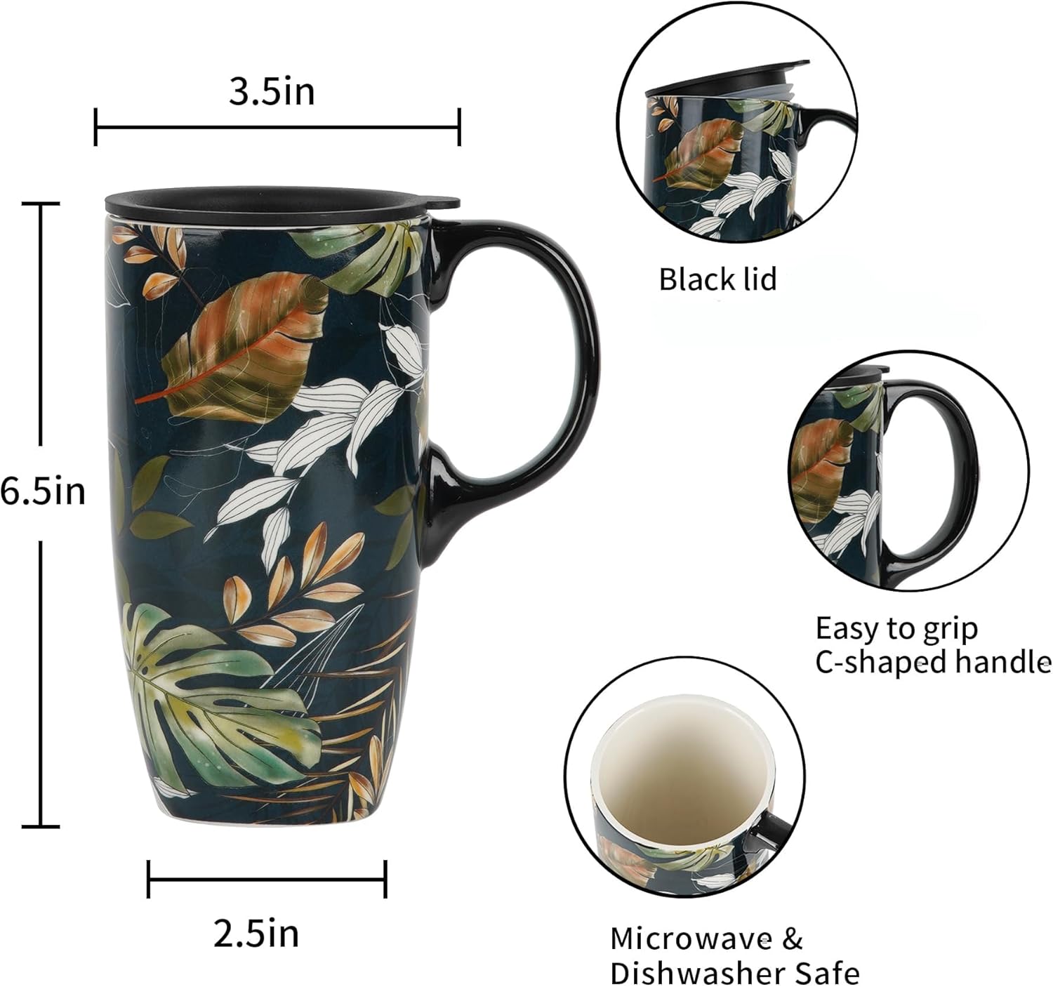 Topadorn Ceramic Mug with Lid, 17oz Porcelain Coffee Cup with Leaf Design for Tea and Latte - Image 2