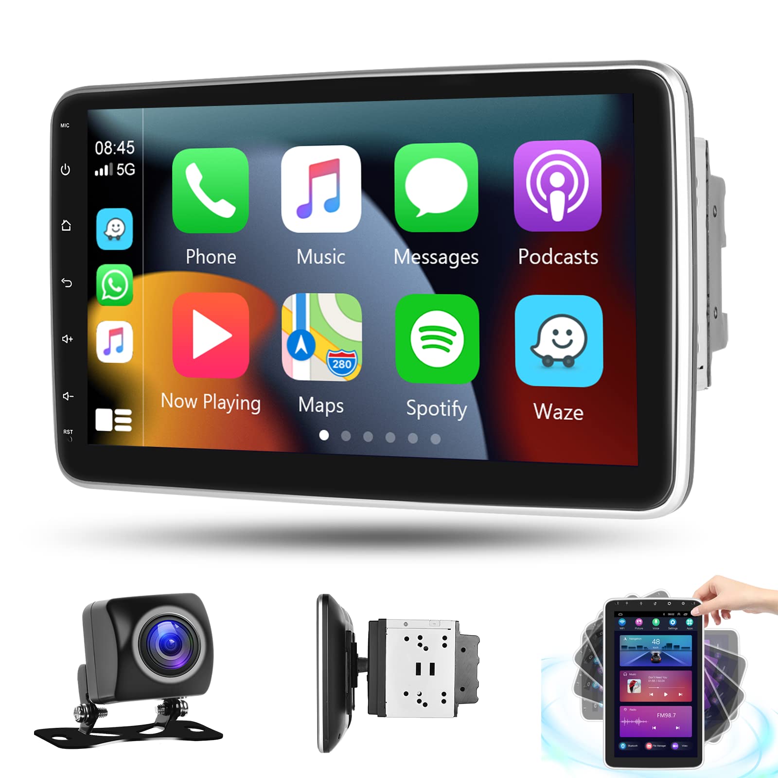 10.1 Inch Double Din Car Stereo Radio Wireless Apple Carplay Android Auto, Digital HD Rotate Touch Screen Android Head Unit with GPS Navigation Bluetooth USB FM/RDS Android Auto + 1080P Backup Camera