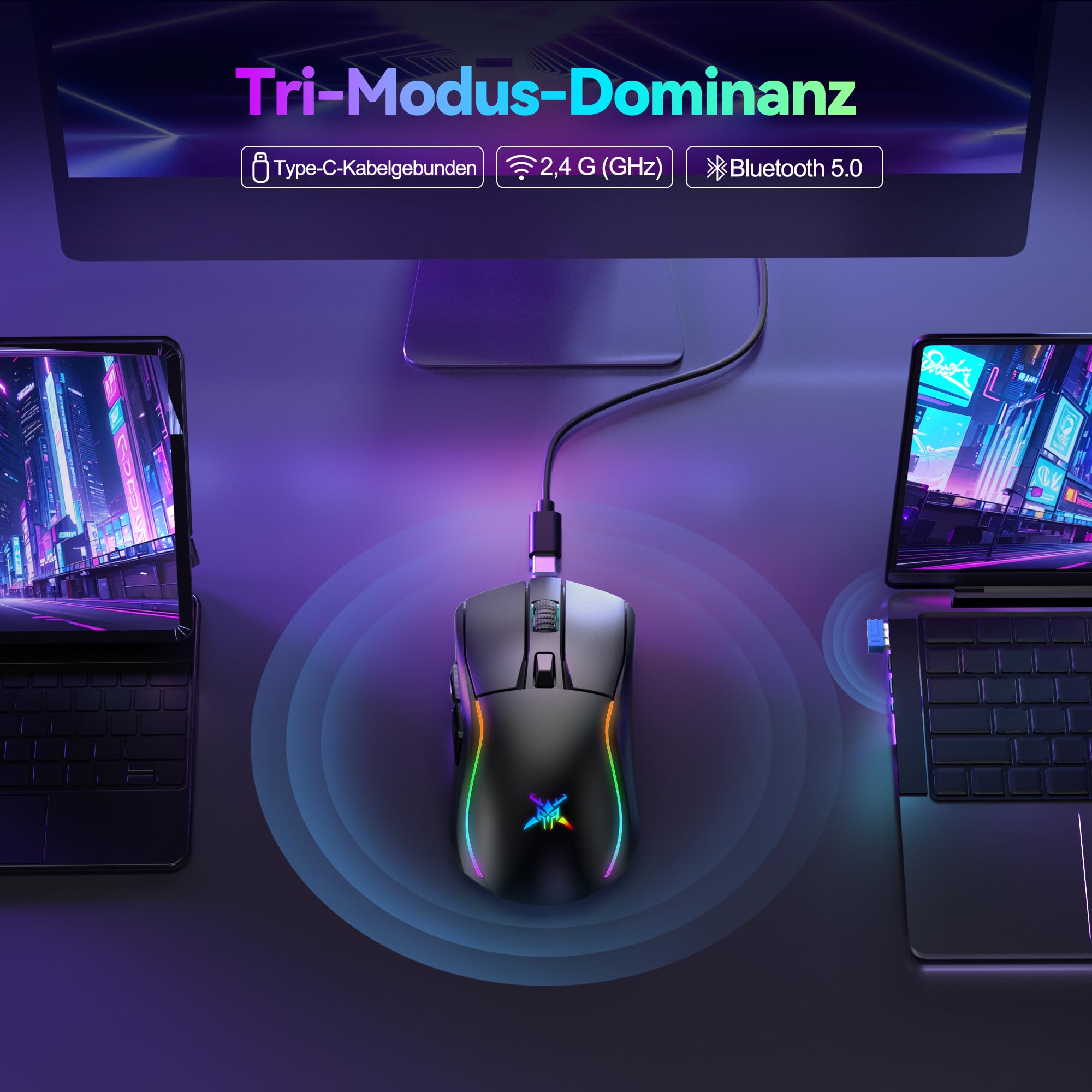 TECKNET Gaming Maus Kabellos, 24K DPI Sensor, RGB Wiederaufladbare Maus mit 100 Std. Akkulaufzeit, 2.4G/USB-C/Bluetooth Ergonomische Gaming Mouse mit 6 Programmierbare Tasten, 300 IPS für PC/Mac Gamer