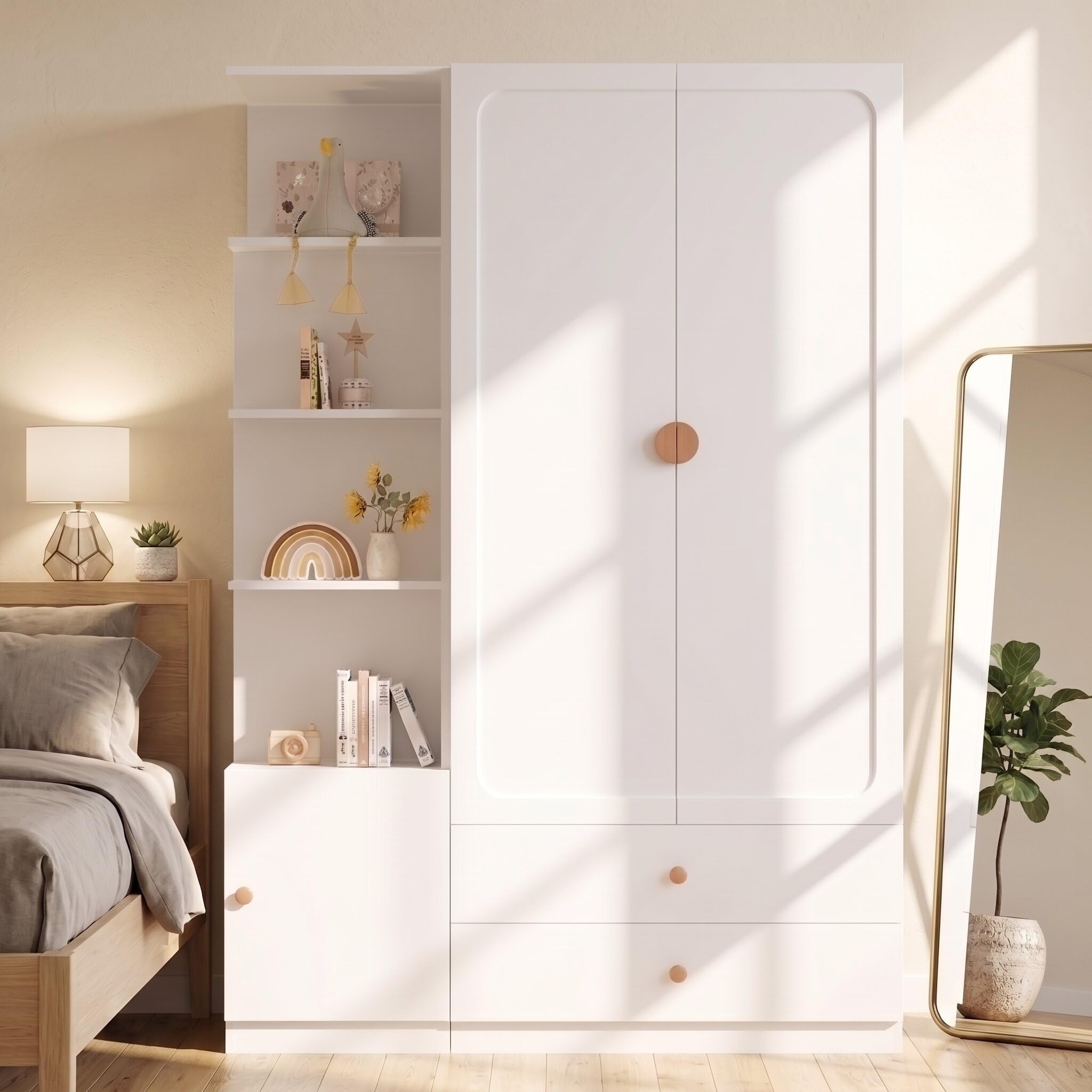 Merax Kleiderschrank Kinderzimmer 135 x 45 x 200 cm, großer Kinderkleiderschrank Weiß mit 2 Kleiderstangen, 2 Schubladen, flexiblem Seitenschrank und 4 Massivholzgriffen, Schrank für Schlafzimmer